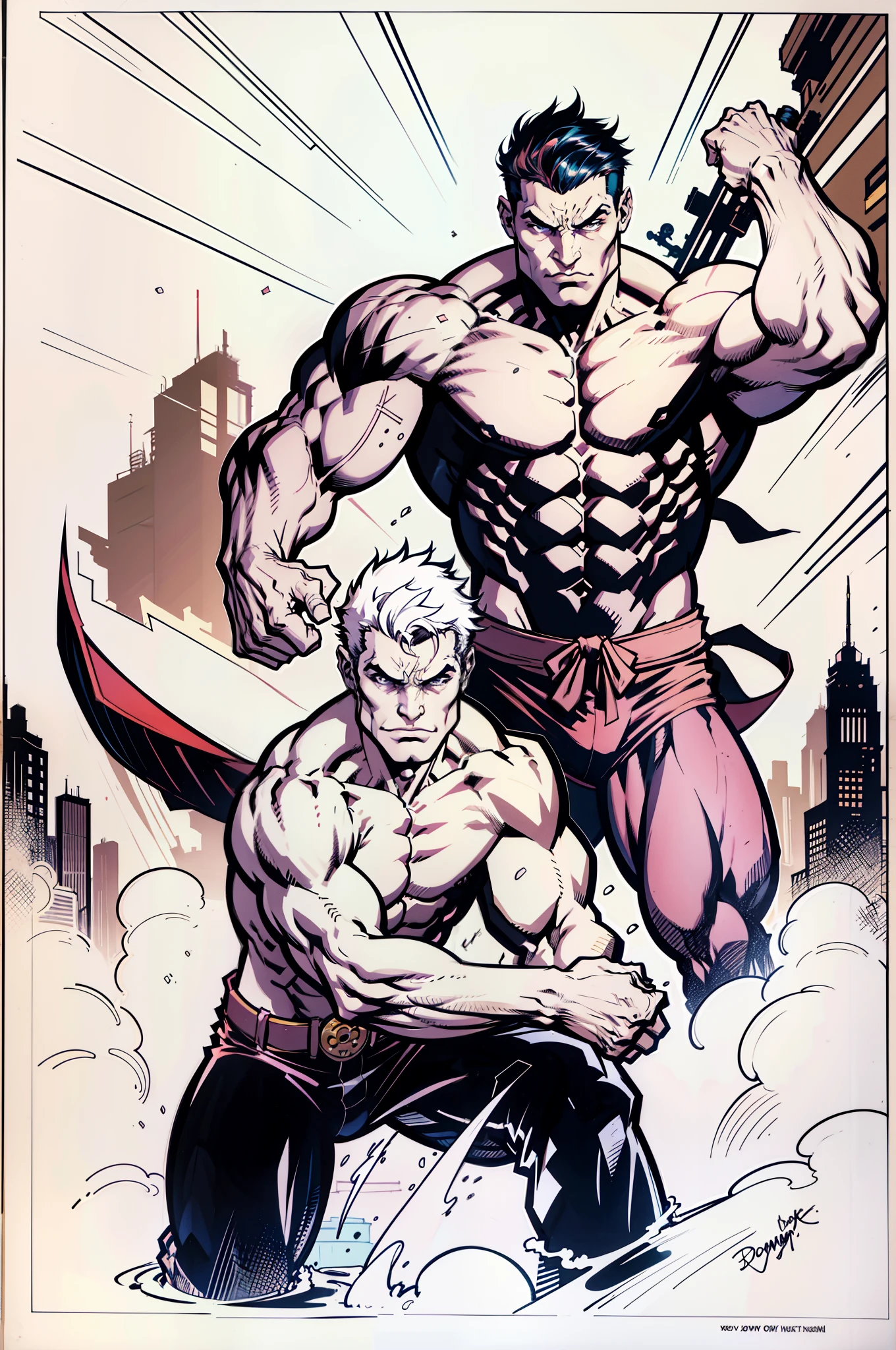 Color patches, A toned man in cloth pants went into battle shirtless ,street of hong kong,Line art,Highest contrast