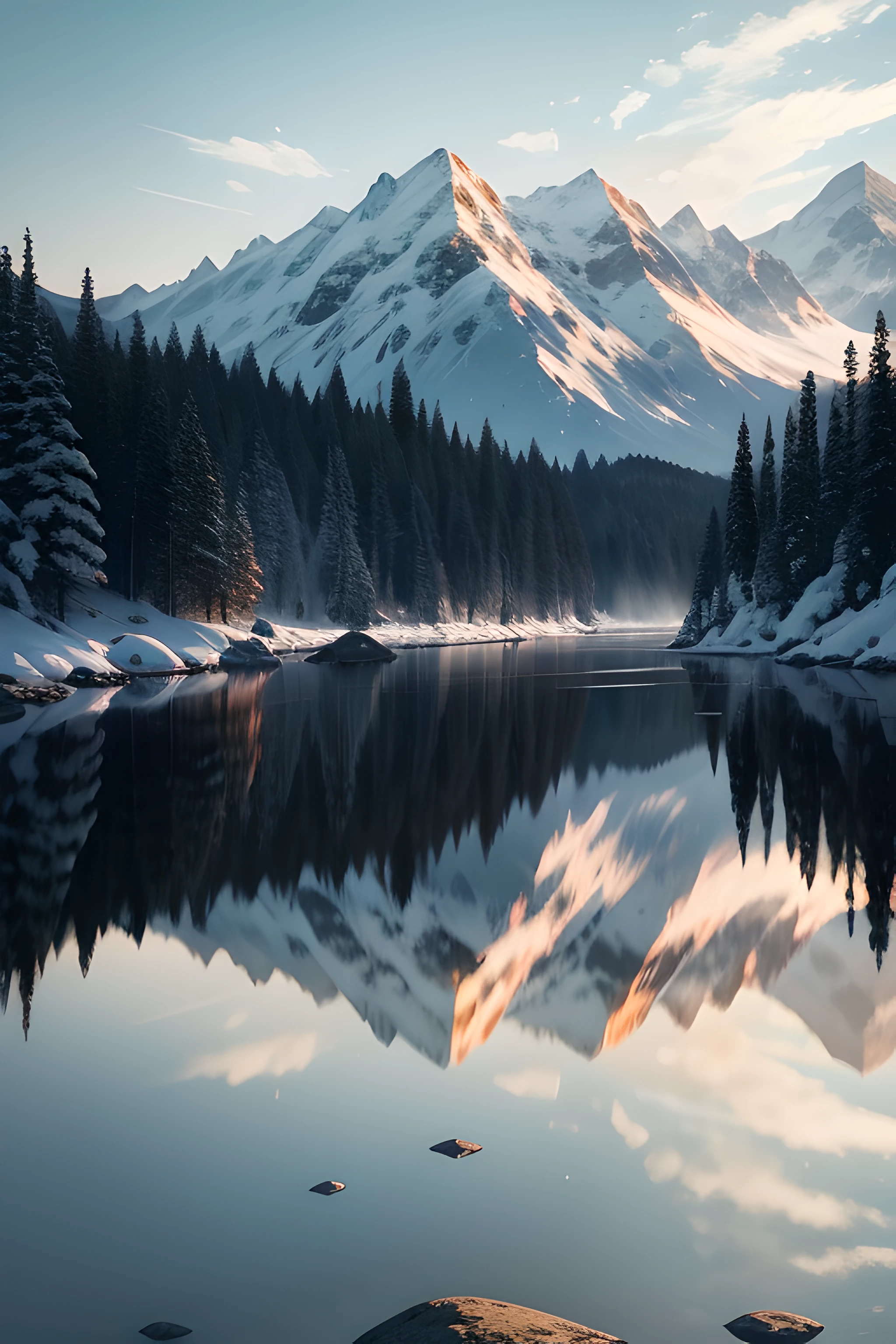 Draw a towering snow-capped mountain, Sharp lines and white pigments can be used to express the shape and light and shadow of snowy mountains。Draw a clear stream in the center of the valley, Blue and white pigments can be used to express the flow and ripples of water。Paint lush forests on both sides of the stream, Green pigments can be used to depict the shape of trees and leaves。In the forest, Draw some flowers and weeds, The beauty of the flowers can be expressed in a variety of bright colors。Draw colorful birds flying in the sky, Their forms and feathers can be depicted with fine lines and bright colors。Draw a laid-back flock of deer on the steppe, Their contours and hairs can be expressed with brown and gray pigments。Enfim, Draw a blue lake next to the lake, Blue and white pigments can be used to express the clarity and light and shadow of the lake。, high detail, cinematic lighting, cinematic lighting, cinematic lighting, depth of field, first-person view, Eye-Level Shot, high details, high quality