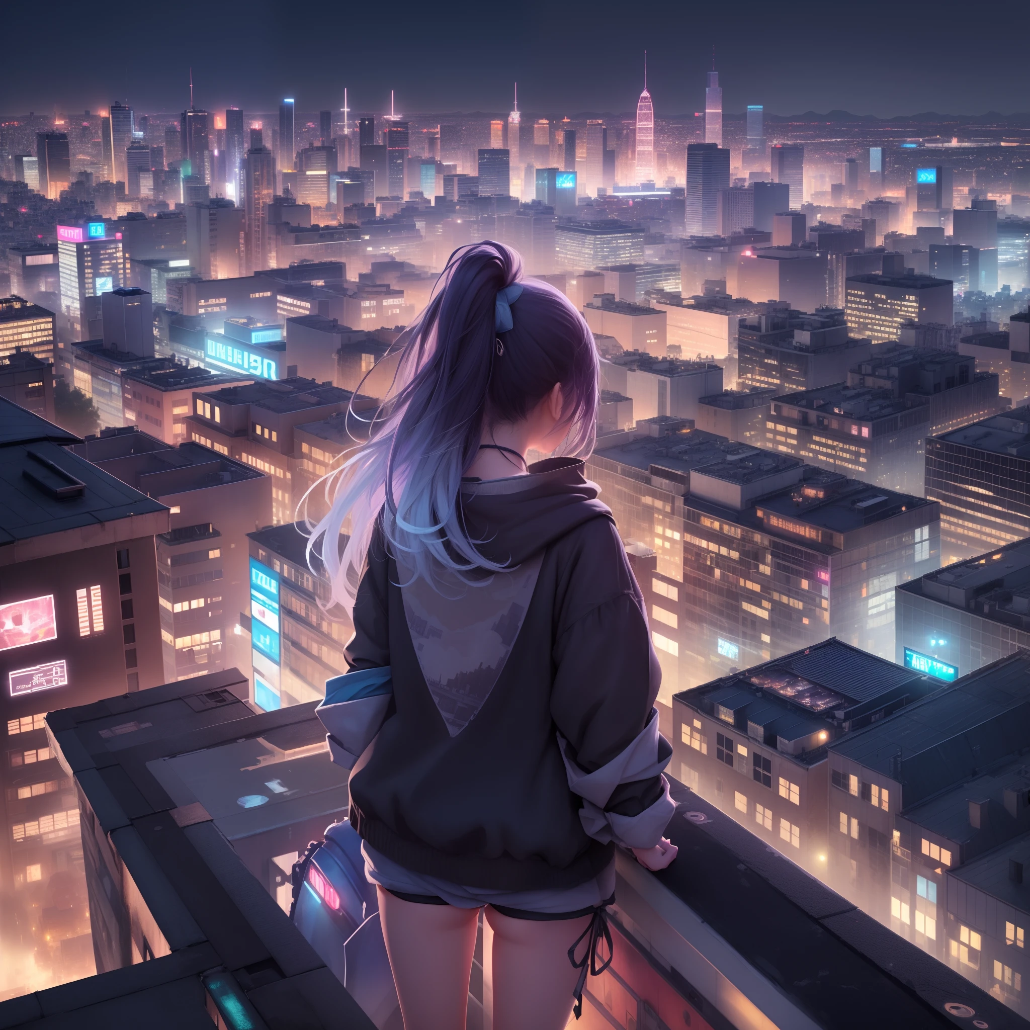 (Real Texture、8K)、Girl looking down on the city from the roof of a building、(Detailed cityscape、Colorful lights、Rear view)、Clothes and hair fluttering in the wind