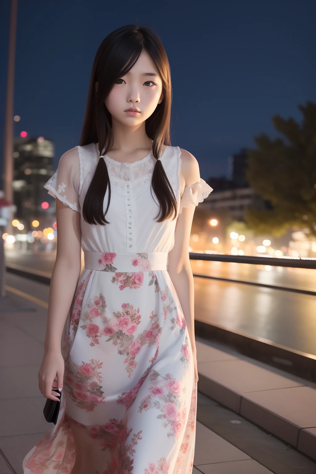 Beautiful，city night scene，Alone，schoolgirls，Delicate facial features，Long floral dress，Review