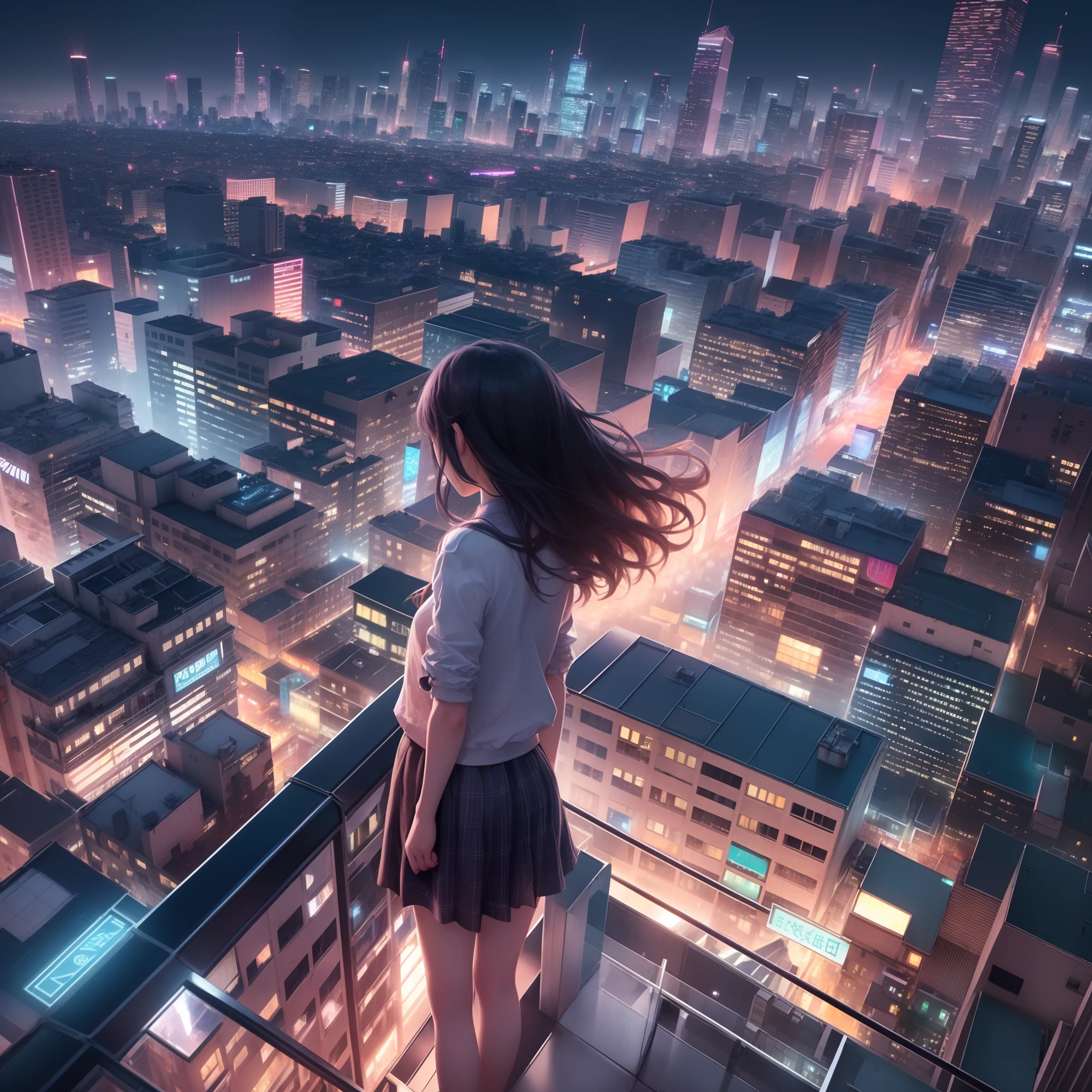 (Real Texture、8K)、Girl looking down on the city from the roof of a building、(Detailed cityscape、Colorful lights、Rear view)、Clothes and hair fluttering in the wind