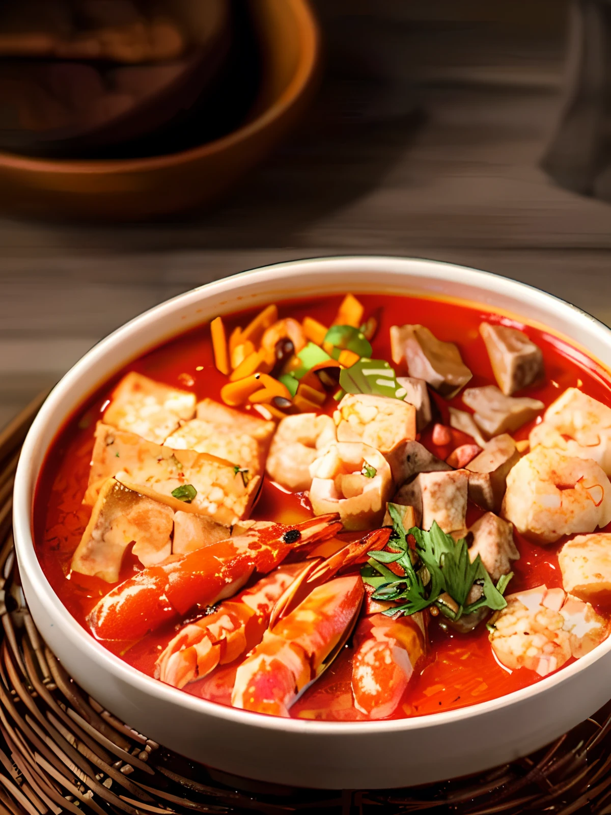 A bowl of spicy mix, with shrimp, tofu cubes, coriander, fish balls, tofu puffs, beef cubes