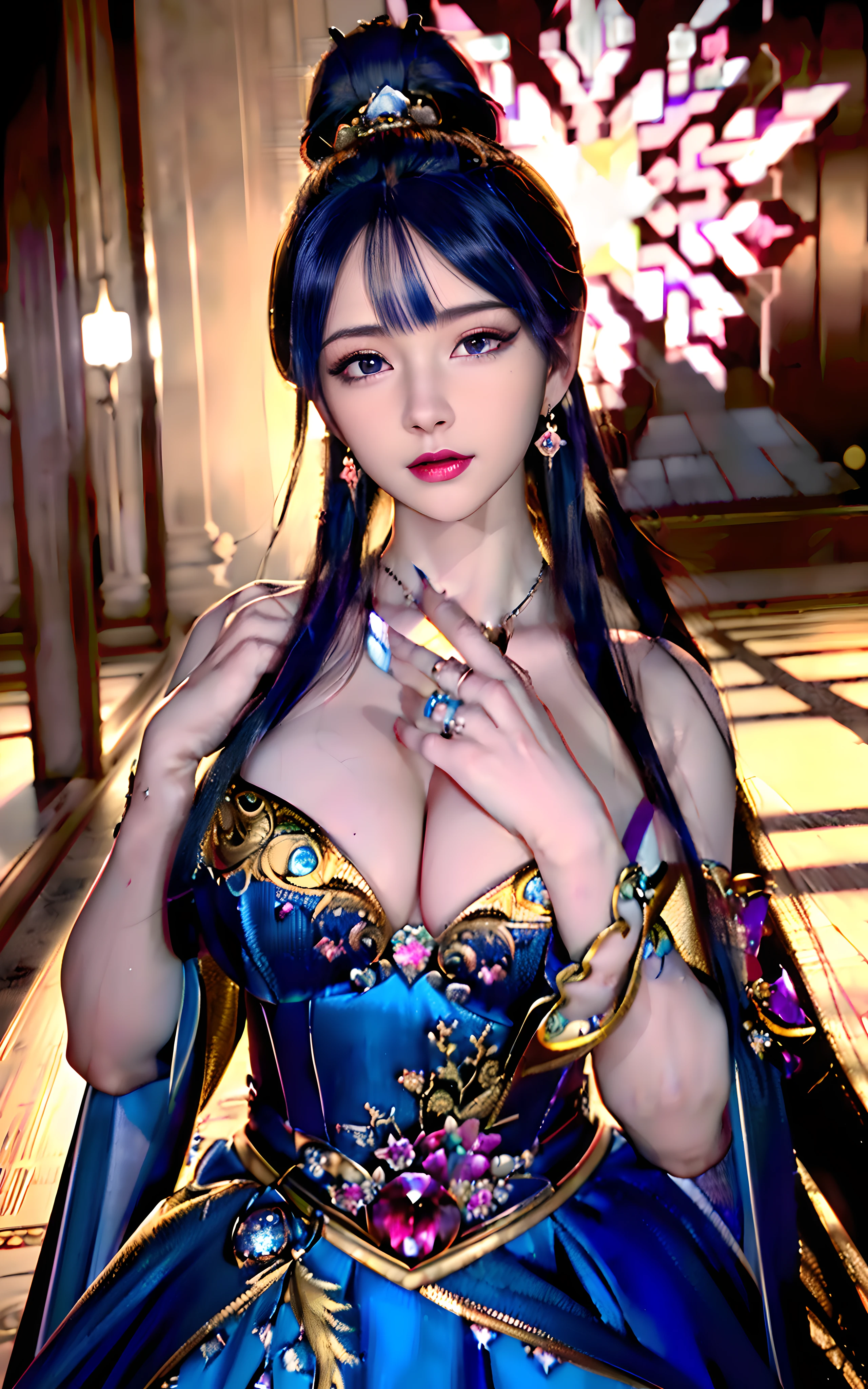 ((realisticity: 1.2)), ((realistic: 8K UHD)), ((best resolution: 8K UHD)), hyper detailed, best quality,masterpiece,highres,cg, ((1 girl hyper detailed and hyper realistic) ) , ((beautiful queen, hyper realistic and hyper detailed)),((white skin, beautiful, smooth, youthful, hyper realistic and hyper detailed )), ((Face hyper beautiful, white, hyper realistic and hyper detailed ) ), long hair, ((hyper realistic and hyper detailed dress)), solo, ((hyper realistic, hyper beautiful, beautiful and hyper detailed jewelry)), ((hyper beautiful deep red and golden yellow dress, hyper realistic and hyper detailed )) , ((Her pretty, hyper realistic, hyper detailed diamond filled earrings)), ((Her gorgeous diamond haircut, hyper realistic and hyper detailed)), ((hyper pretty upper body, hyper beautiful, hyper realistic and hyper detailed) ), ((medium : 1.5)), ((hyper realistic, hyper pretty, hyper detailed boobs)((the backgroun of the royal palace is hyper majestic, hyper realistic and hyper detailed)),((hands and palms hyper beautiful, hyper detailed, hyper realistic)), ((fingers: pinky finger, index finger, ring finger, middle finger, and thumb hyper realistic, hyper detailed, hyper beautiful)), ((hyper pretty, hyper pretty, hyper realistic and hyper detailed hair bun)), ((hyper pretty , hyper realistic and hyper detailed blue hair)), candid, Photo, high resolution, 8k , bokeh,