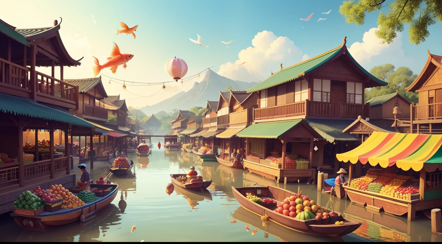 Floating Market of Dreams:
On a clear morning, a bustling market floats above a tranquil lake. Colorful stalls display fruits that change with the seasons, and vendors sell trinkets that hum with magical properties. Rainbow-hued bridges connect the stalls, while children ride past on luminescent koi fish.