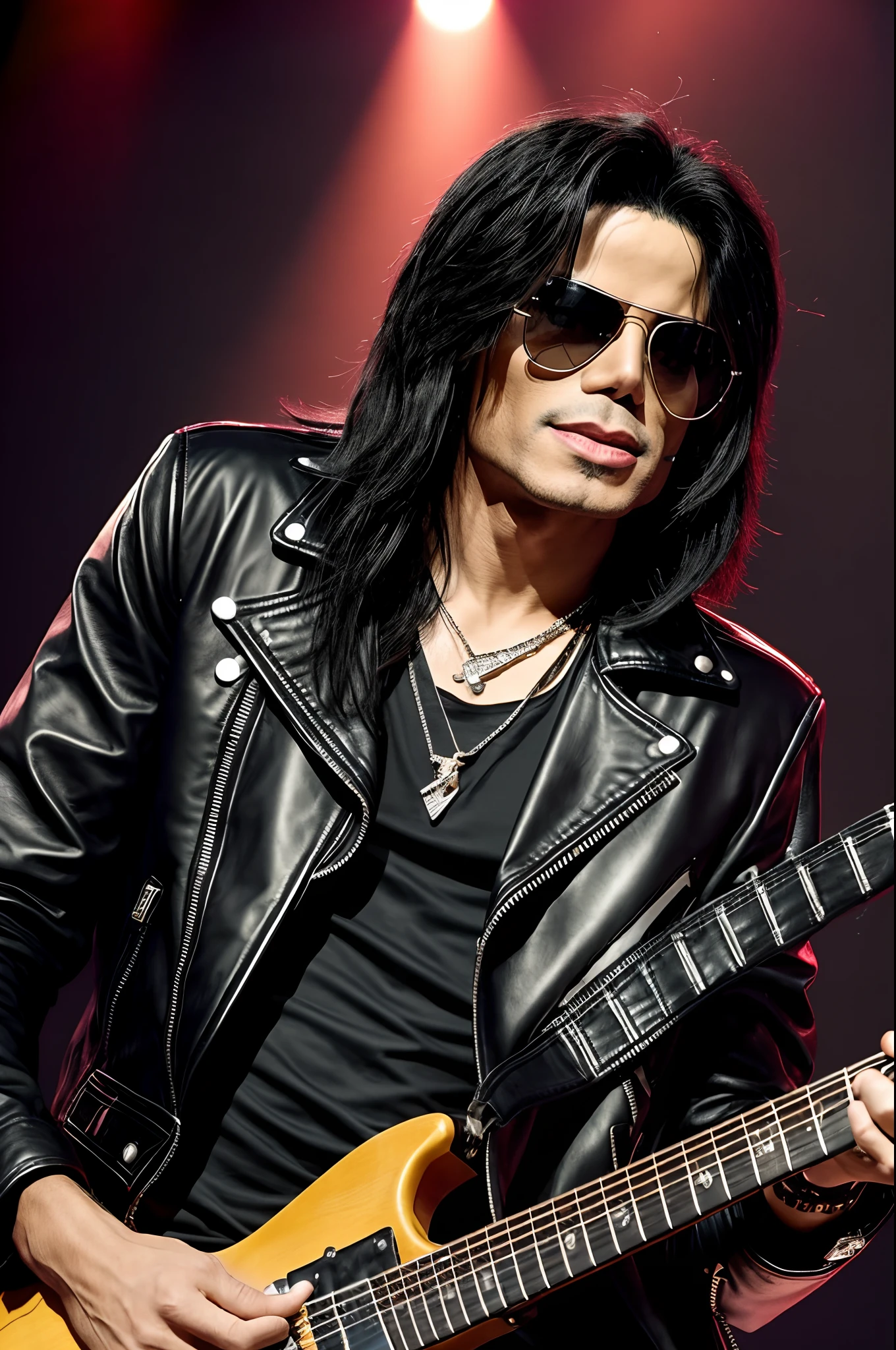 "rock star, michael jackson, edgy, cool pose, leather jacket, sunglasses, long hair, shine, concert stage, live performance, electric guitar"