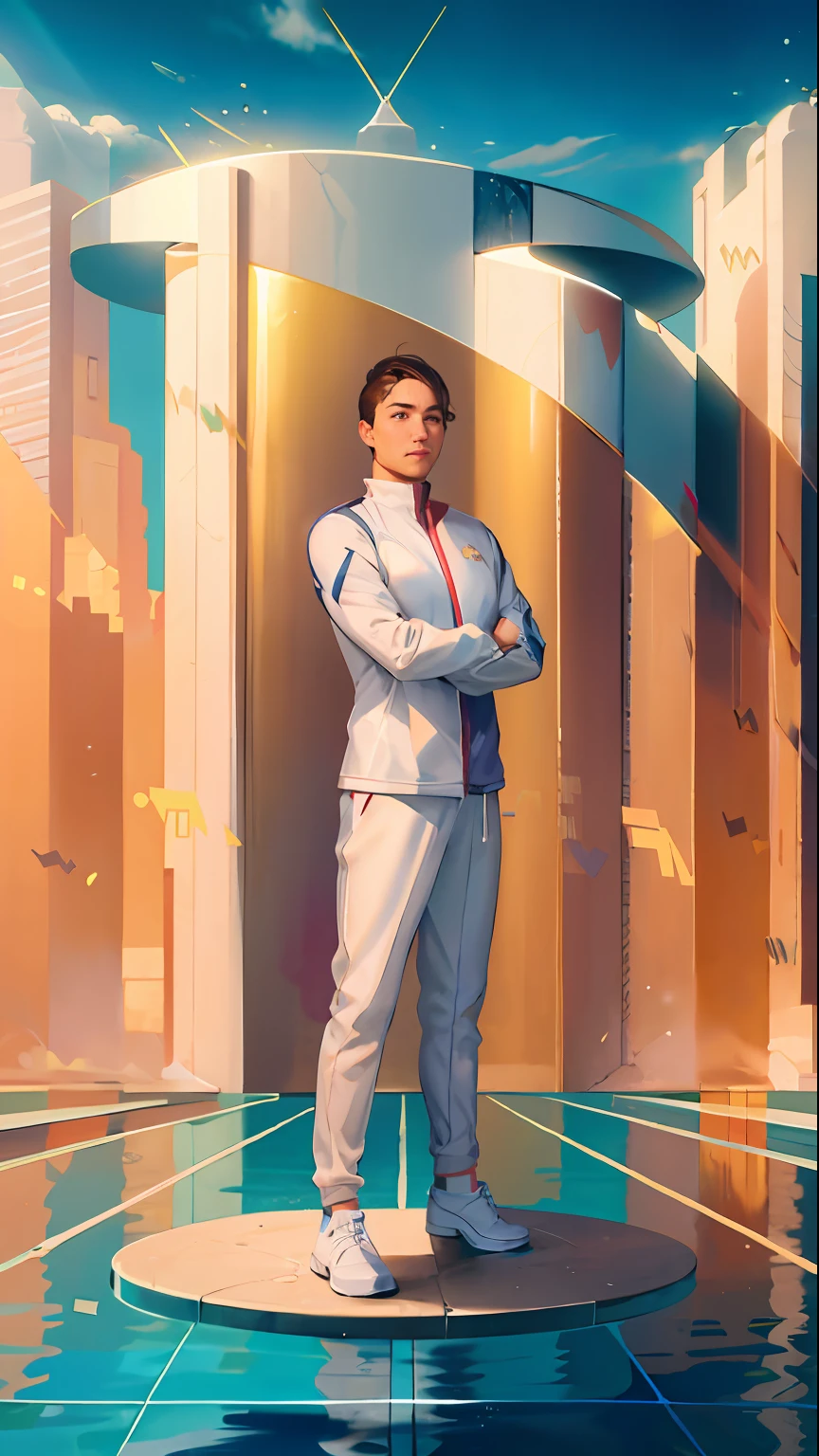 The character image does not change,Stand on a circular countertop,The building behind him is made up of water ripples,The ground is a pool track,keyframe,strongcontrast,photorealestic,contest,Olympic Games,The arrows in the sky are made up of water