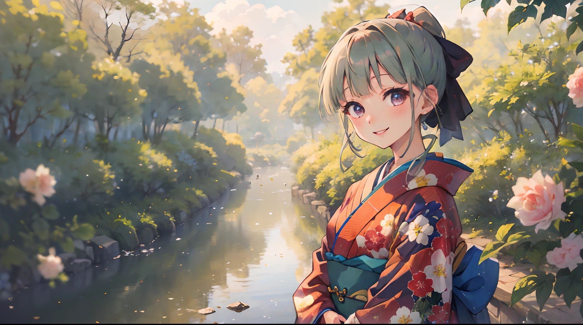 masterpiece, highres, best quality, 1girl solo, kamisato_ayaka, smile, kimono