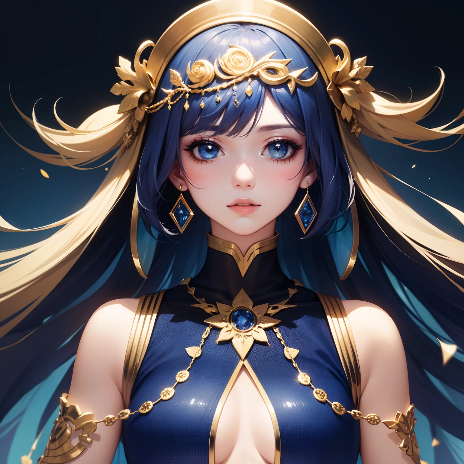 Graphic illustration for fashion girl,exaggerated poses,Sapphire blue with gold cloth and hair,minimalist art,Pure Klein blue background,Maximalism artstyle