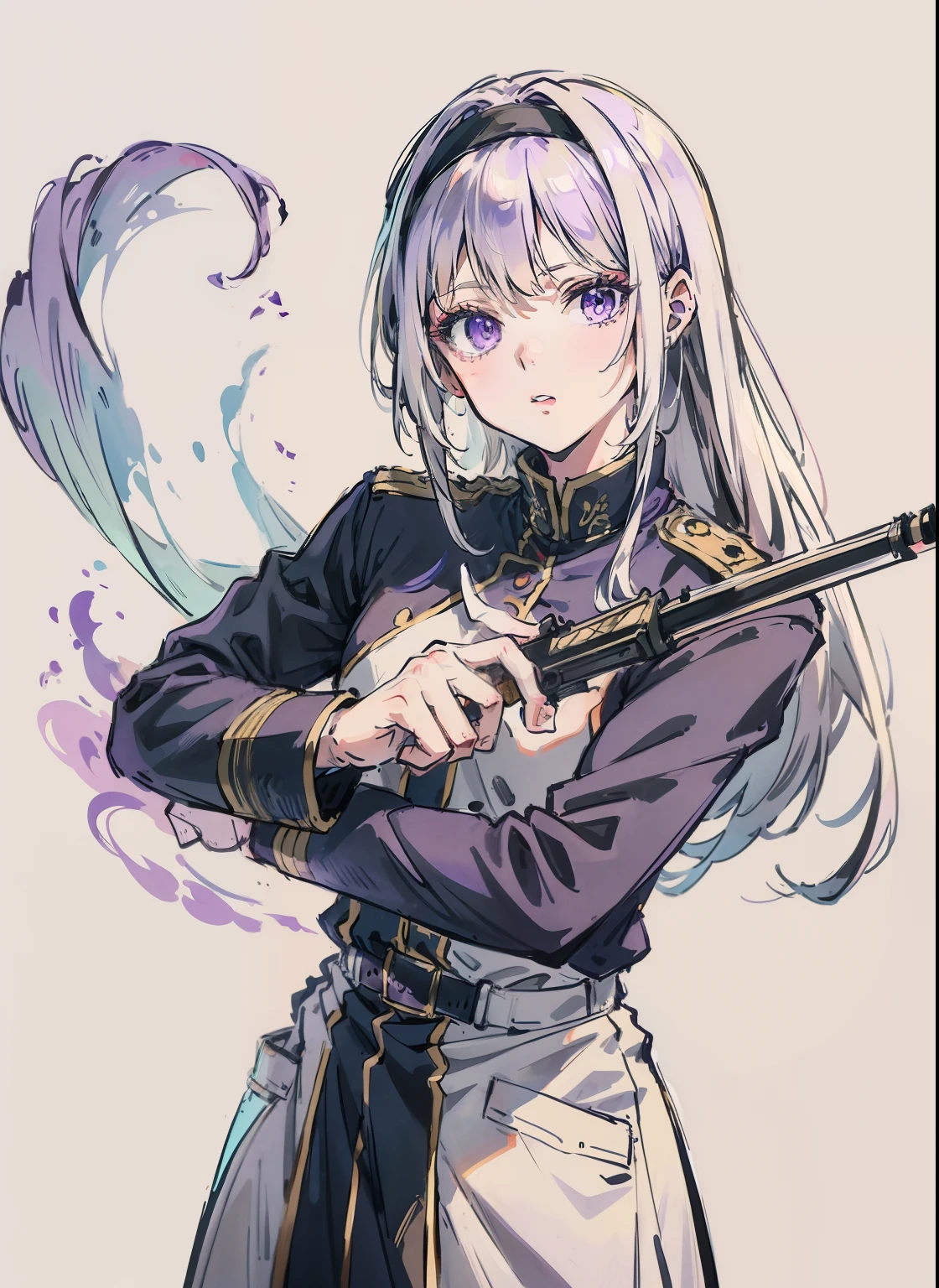 animesque、animations、(top-quality)、(超A high resolution)、(high-detail)、4K、Hair Band、White military uniform 、White hair、length hair、Purple Eye、Shoot with a rifle、Classic long gun