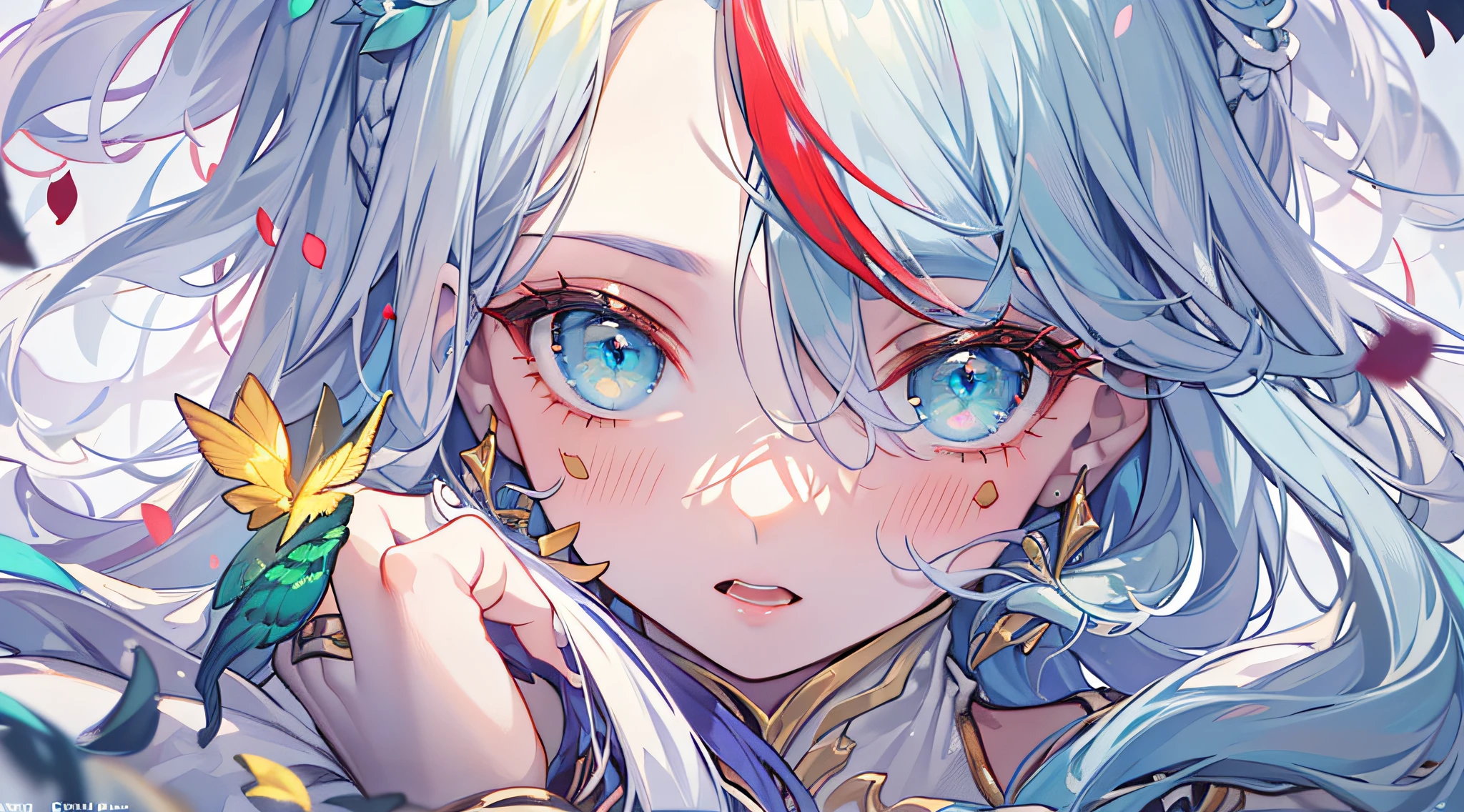 (extremely detailed CG unity 8k wallpaper,masterpiece, best quality, ultra-detailed),(an extremely delicate and beautiful),(floating),(mysterious),(blue eyes),(silver hair),(red hair),(purple hair),(yellow hair),(green hair),Kim 5 plus.