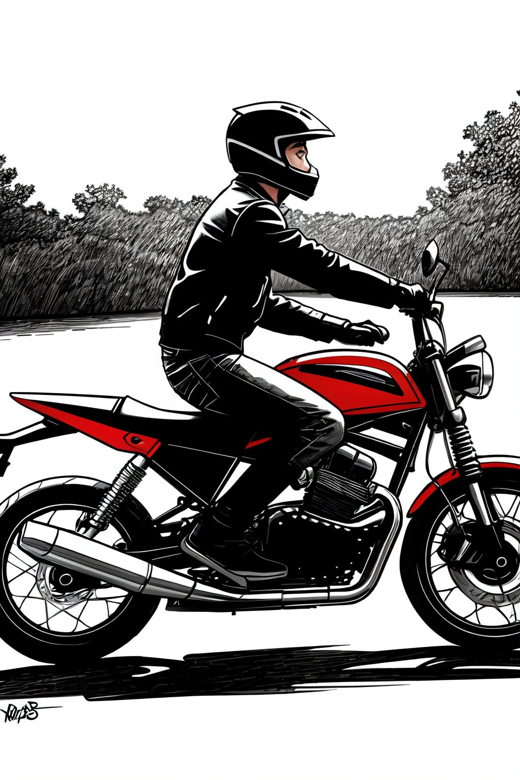 draw a young man riding a motorbike