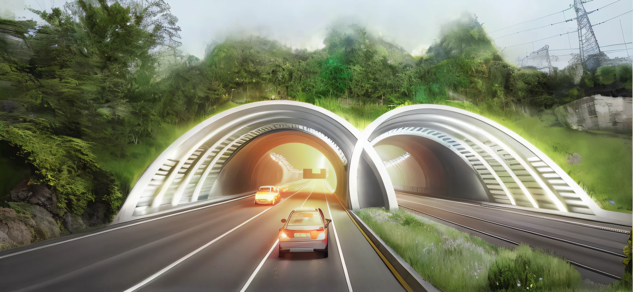 There were two cars crossing the tunnel on the highway, Tunnels lead to different worlds, tunnel, tunnel, transportation design render, advanced highway, infrastructure, conceptual rendering, High-walled tunnels, artist interpretation, highways, artist impression, Transportation design, Transportation design, Artistic rendering, artist impression, hyper - realistic, Stylized digital illustration, Hyper-realistic, Realistic depiction