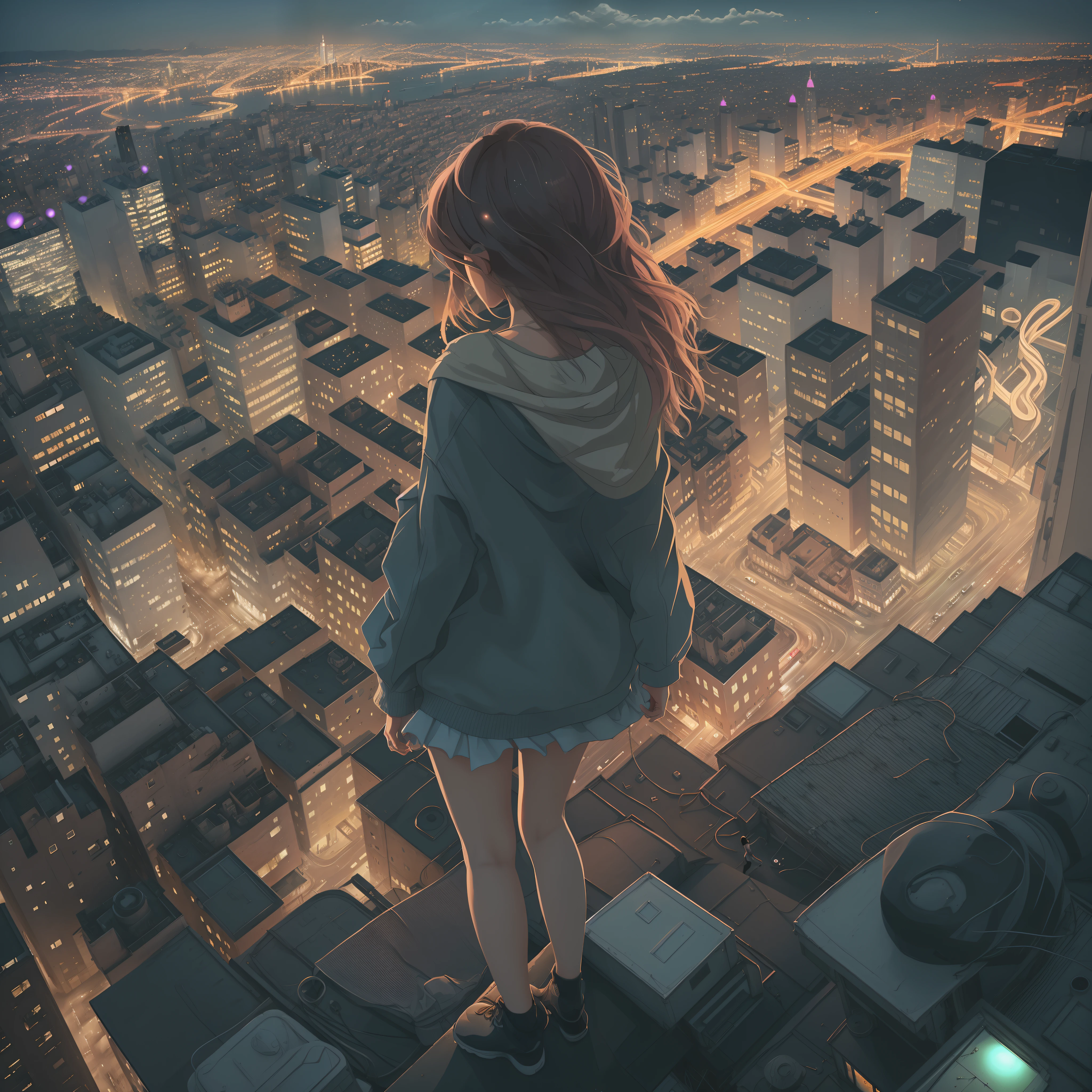 Girl looking down on the city from the roof of a building、(Detailed cityscape、Colorful lights、posterior view)、Clothes and hair fluttering in the wind