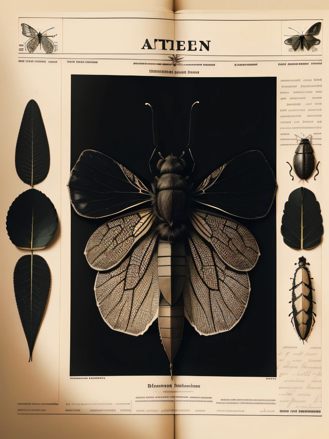 Newspaper typesetting，Multiple specimens，herbarium，insect specimen，black andwhite，Literary