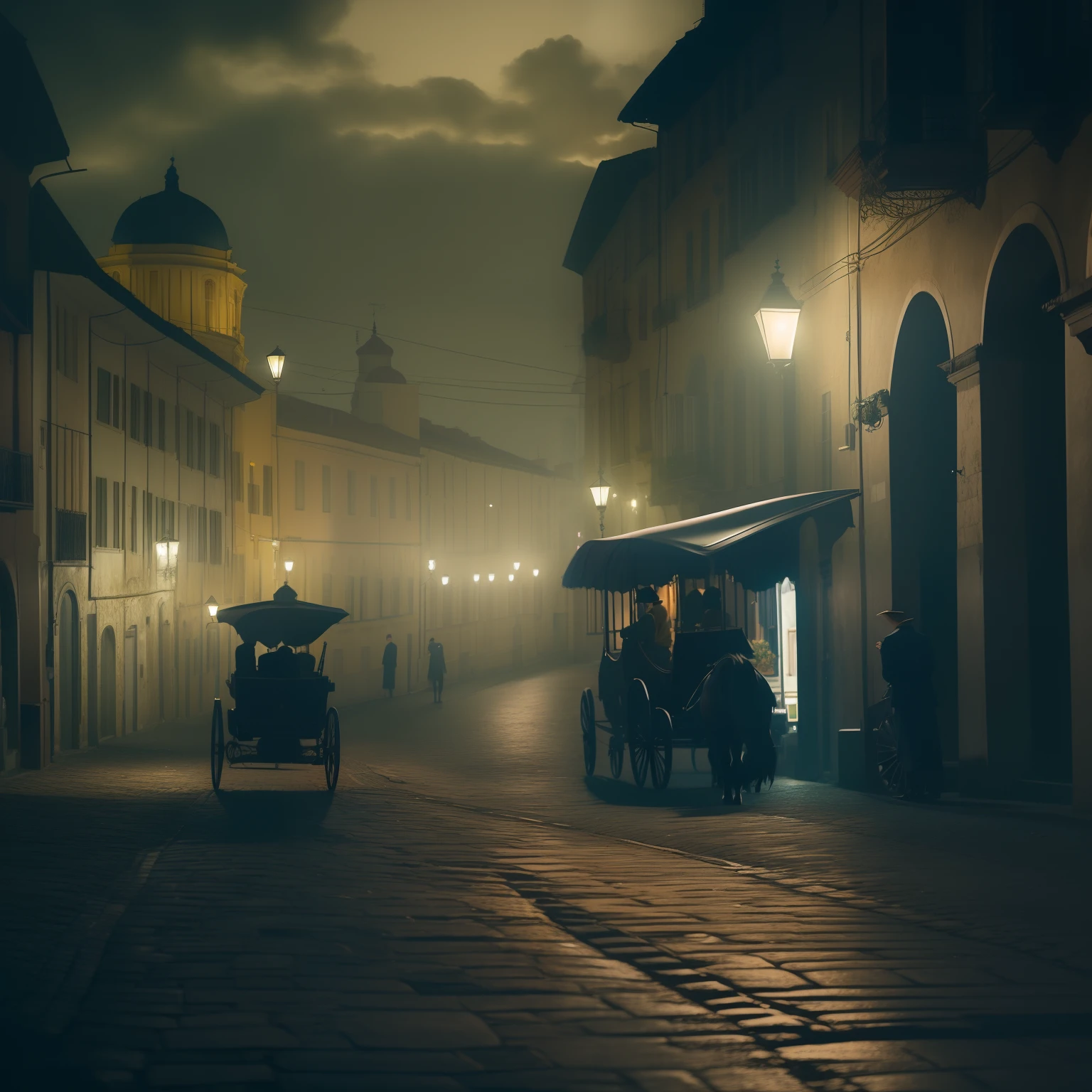 There's a horse-drawn carriage on a cobbled street at night, Directed by: Artur Tarnowski, atmosfera sonhadora e drama, Directed by: Luca Zontini, Cidade Vitoriana, Rua Escura, creepy and dramatic atmosphere, 8k artistic 1920s photography, noite enevoada, Directed by: Alfredo Volpi, ruas escuras, Directed by: Giuseppe Camuncoli, on a street at night