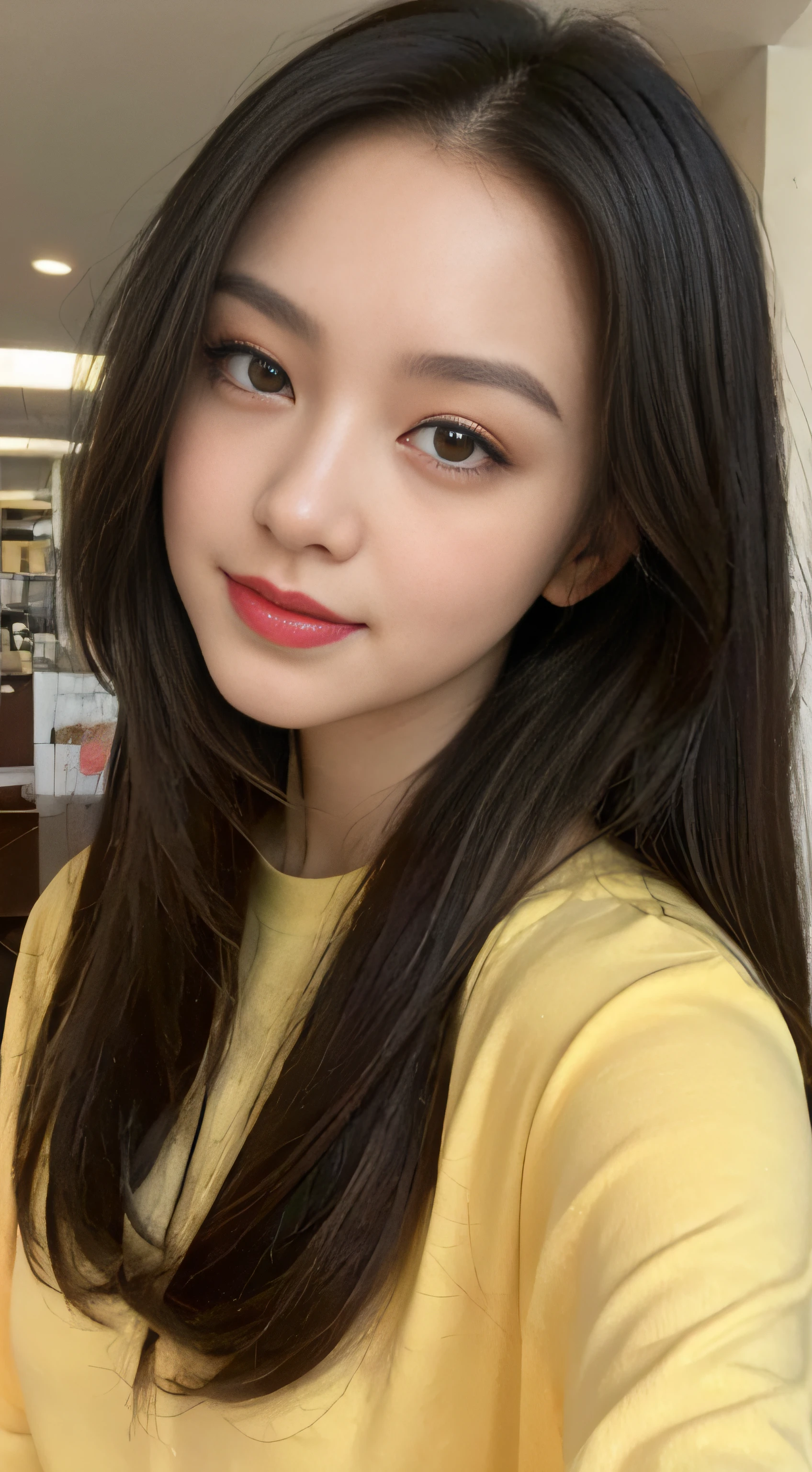 Best quality, 16K, masterpiece 1:2. A beautiful girl with yellow Tshirt, jeans (Alluring figure), black hair, brown eyes, Her eyes shine, interact with the light, and reflect joy in her gaze., high nose, luscious red lips, and a captivating smile. many boxes and packet in the ground. She is in the Post office. Upper body, masterpiece, superlative, (realism: 1.7), high resolution, long hair, round face, packages, boxes, hanstyle, hanfu