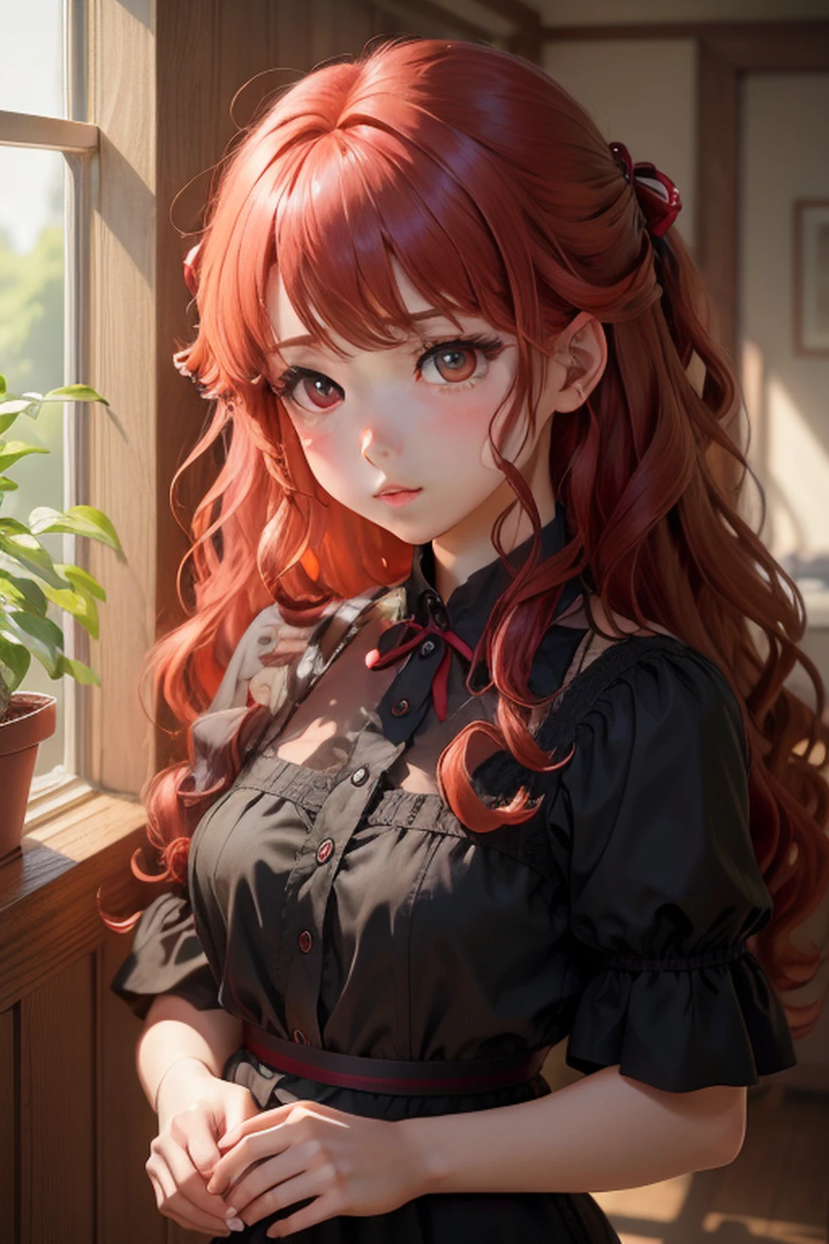 Brown big wavy curls，Red hair ribbon，watered eyes，Anime style，Chiaroscuro，Perspective，cherry lips。