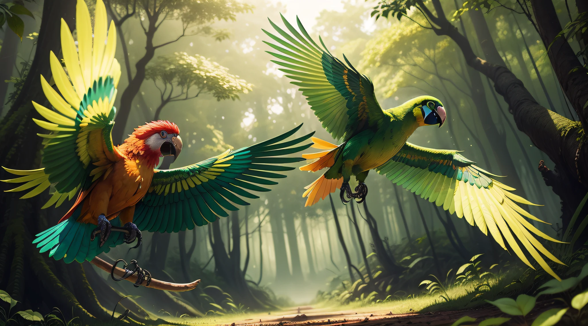 A green parrot and a yellow-red parrot flying in the deep forest. A hunter is catching them with a big trap.