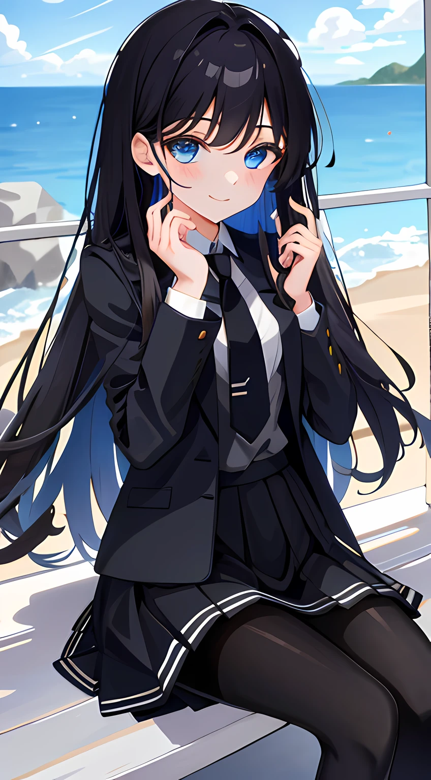 8K， best qualtiy， tmasterpiece： 1.2） ， super detailing， 1 rapariga， adolable， independence， Beautiful Details Sky， Café details， natta， sitting down， dated， （Nose Red） ， Sweet smiling， （ssmile： 1.15） ， （Keep one's mouth shut） little breast， Small beautiful detail eyes ，  natta， dampness， black uniforms，Black wrinkled skirt，Wear yours with black sheer pantyhose， long whitr hair，  floated hair，