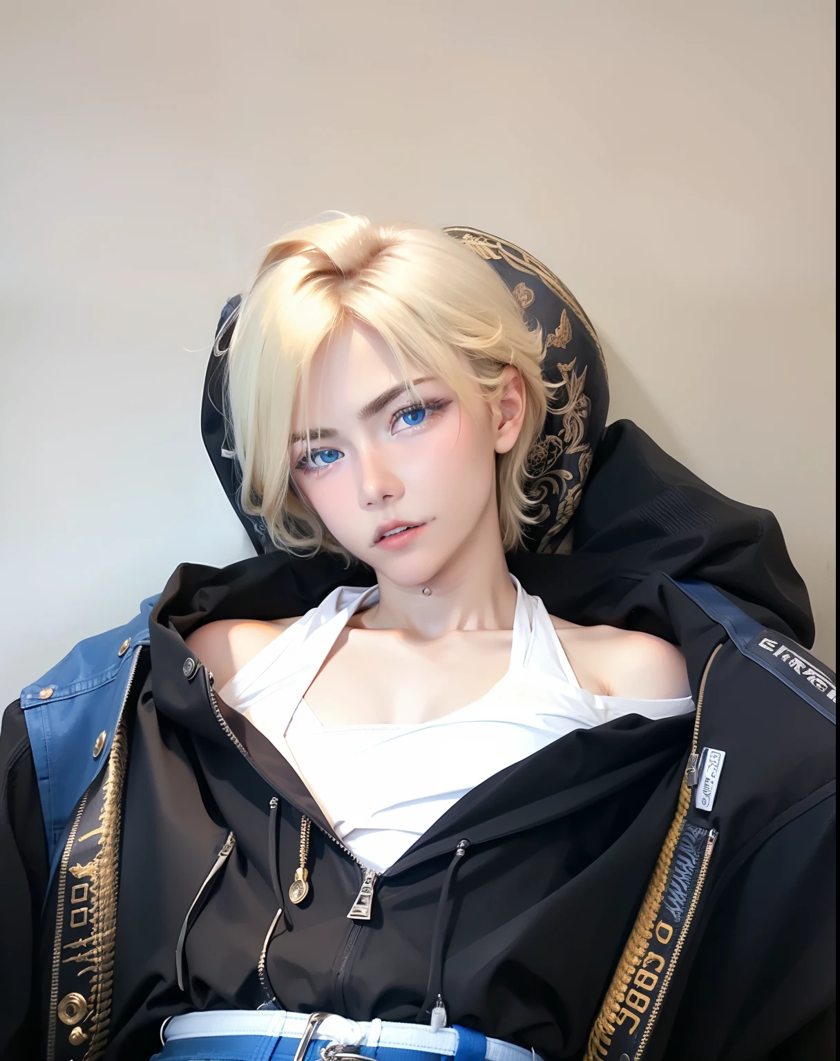 1 boy, blue eyes, blonde hair, black jacket, realistic, ultra detail, 70mm lens