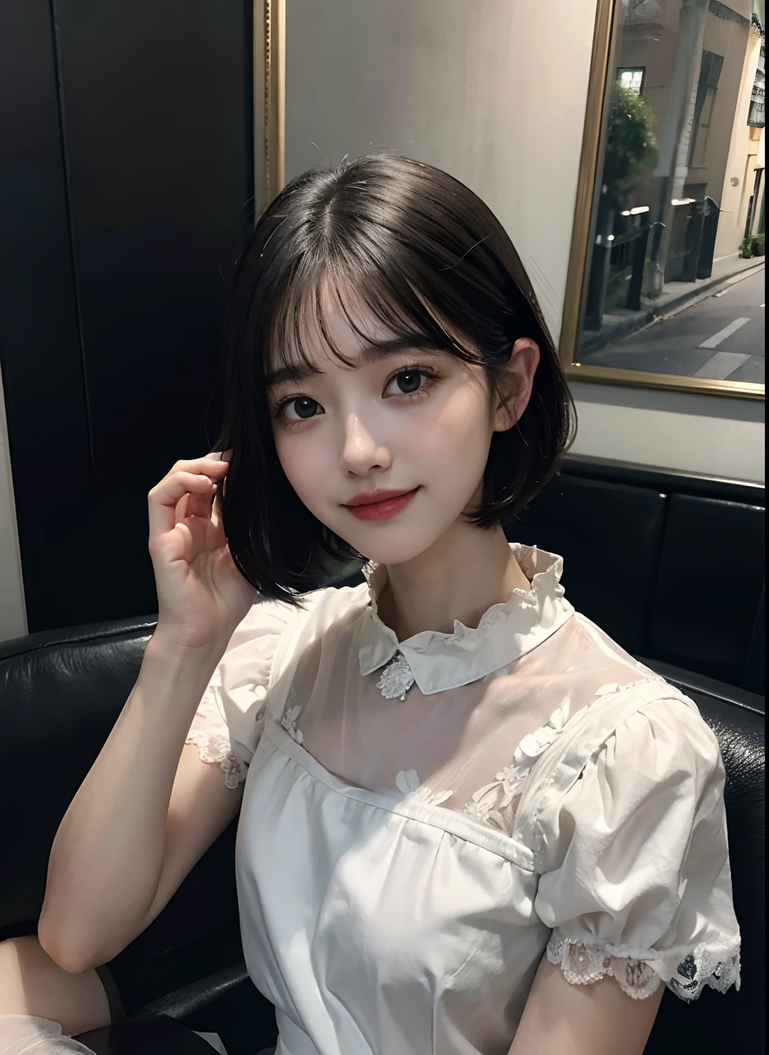 (8K、top-quality、masterpiece:1.2)、(realisitic、realisitic:1.37)、ultra-detailliert、1girl in、cute little、独奏、Beautiful detail sky、Detailed café、early evening、sitdown、date、(Nasal redness)、(a smile:1.15)、(Shut up)Medium chest、Beautiful delicate eyes、(shirt with collar:1.1)、natta、wetty、professional、rain、White lace、(short medium hair:1.2)、Black Hair Nova Frog Style、Fat