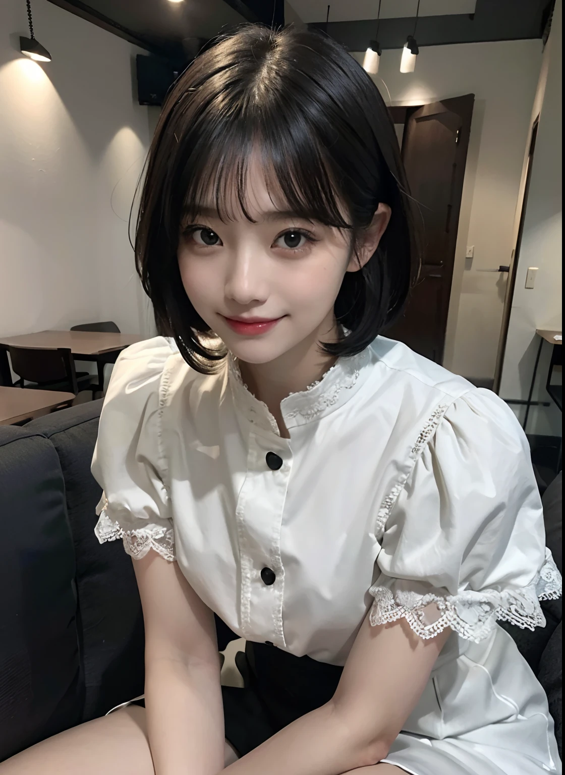(8K、top-quality、masterpiece:1.2)、(realisitic、realisitic:1.37)、ultra-detailliert、1girl in、cute little、独奏、Beautiful detail sky、Detailed café、early evening、sitdown、date、(Nasal redness)、(a smile:1.15)、(Shut up)Medium chest、Beautiful delicate eyes、(shirt with collar:1.1)、natta、wetty、professional、rain、White lace、(short medium hair:1.2)、Black Hair Nova Frog Style、Fat