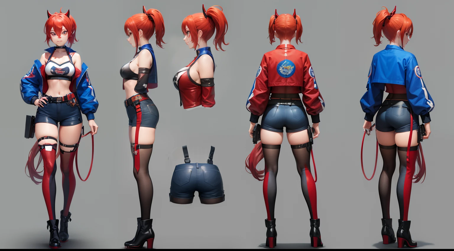 Arakfi model of woman in leather costume and clown woman costume, trending on artstation pixiv, cgsociety concept art, Full body CGsociety, Digital cyberpunk anime art, female cyberpunk anime girl, Deviantart ArtStation CGSCOSIETY, concept art character, trending on cgstation, 3 d character concept artwork, Concept art style double ponytail,The tail of a horsetail is red on one side,The other side is blue,game design: Three views and three emojis,Game design drawing,Standing painting,Sexy and cute,Bigchest,skin-tight short-pants,Martin boots,Jacket jacket,fishnet stockings,Villains,Clown Girl" Harley Quinn,,Japanese mobile games,Machinary,Up,skin-tight short-pants,Red and blue color scheme,cyborg goddess in cosmos, Kushatt Krenz Key Art Women, Cute cyborg girl, Clown Girl, A woman in a costume holds a gun in her hand, rossdraws volumetric lighting, wojtek fus, Harley Quinn, Halle Quinn standing, Best anime 4k konachan wallpaper, Anime art wallpaper 8 K, Girl with red and blue hair, Anime art wallpaper 4 K, Anime art wallpaper 4k, Badass anime 8 K, Detailed digital anime art, from girls frontline, advanced digital anime art,Three View,Figures,Front view,the sideview,Back view,Plus three emoticons,Happy expression,vred,Evil charm,Concept art style double ponytail,The tail of a horsetail is red on one side,The other side is blue,game design: Three views and three emojis,Game design drawing,Standing painting,Sexy and cute,Bigchest,skin-tight short-pants,Martin boots,Jacket jacket,fishnet stockings,Villains,Clown Girl" Harley Quinn mechanized