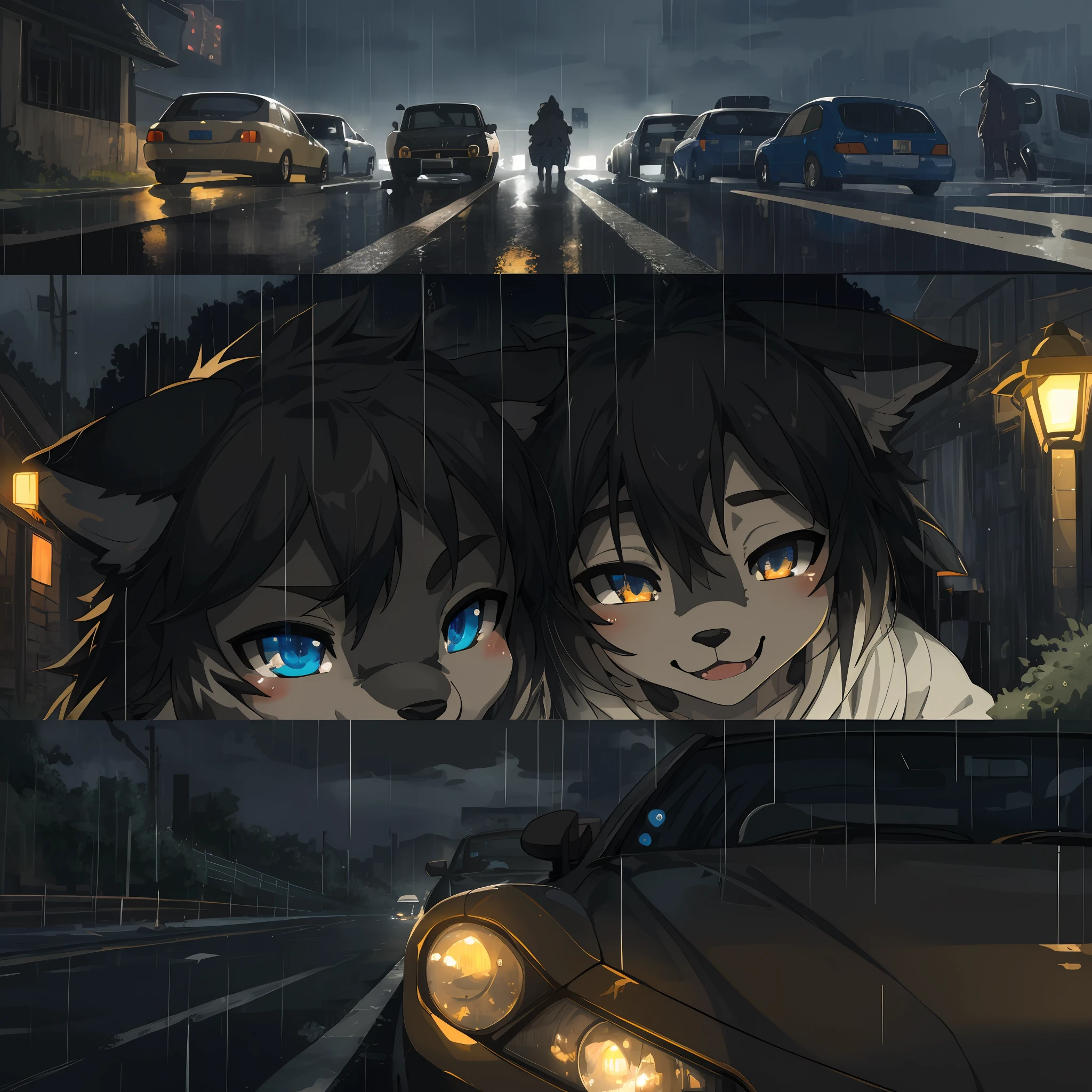 top quality, best quality, High-quality illustrations, masterpiece, super high resolution, detailed background, under the rain, night, Roads, cars, headlight, 6+boys, 6+girls, absurdres(highly detailed beautiful face and eyes)perfect anatomy, expression, good lighting, cinematic shadow(kemono, furry anthro)assorted poses, dynamic angle,
