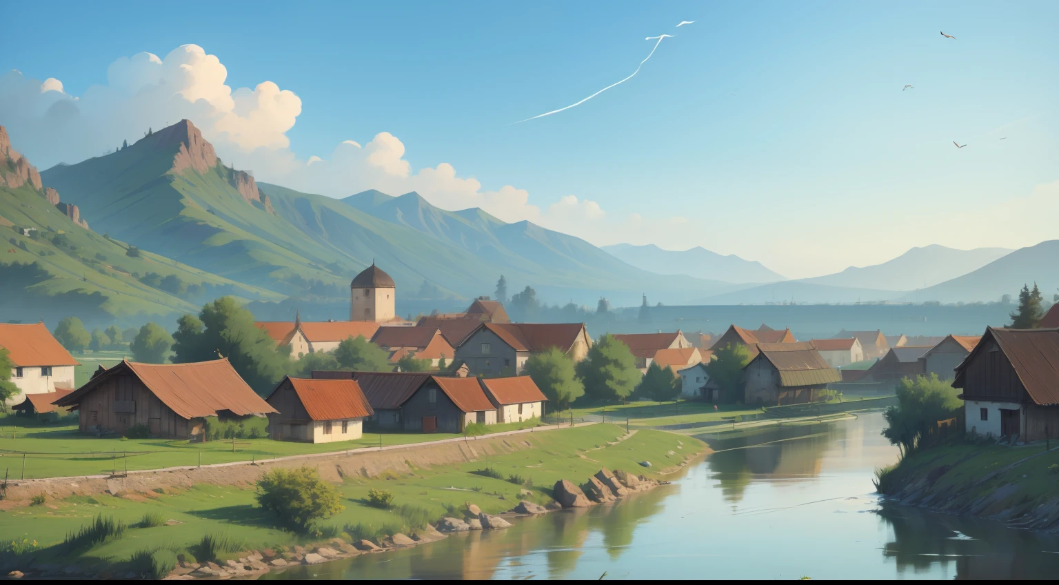 Open river,Villages on both sides,Faraway view