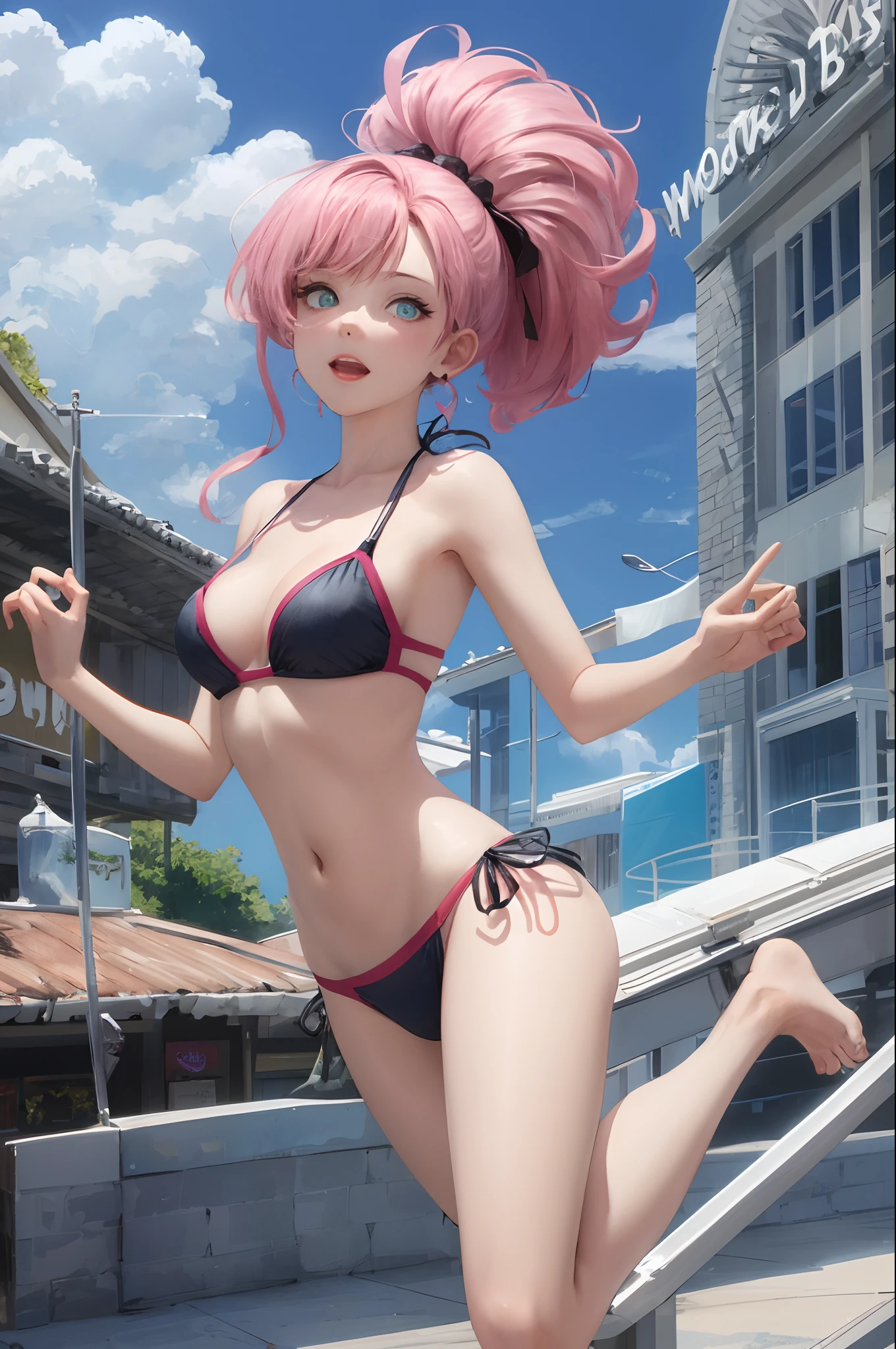 Amusement park scene（1：4），The World of Beasts，best qualtiy，full-body portraits（1：1），delicated face，8 year old girl，Heterochromic pupils，lean and slender body，skinny，Great bust，Pink tender，Broken bikini，looming，Panties to the crotch，The barefoot，White viscous liquid（5：1）