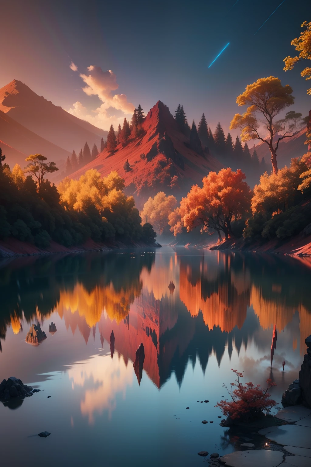 tmasterpiece!Fiery red background,A lake in the crater made up entirely of magma,Light blue flowers grow on it。Surrounded by huge fiery red banyan trees,The branches are luxuriant,It is dotted with bright flowers。The sky is getting darker,Form the evening view。This is the best quality CG work,Octane rendering and ray tracing techniques are used,The composition is magnificent and epic。Inspired by Artstation landscape photography,Intricate light refraction effects and the use of Unreal Engine,Surreal and dreamlike scenes are created。