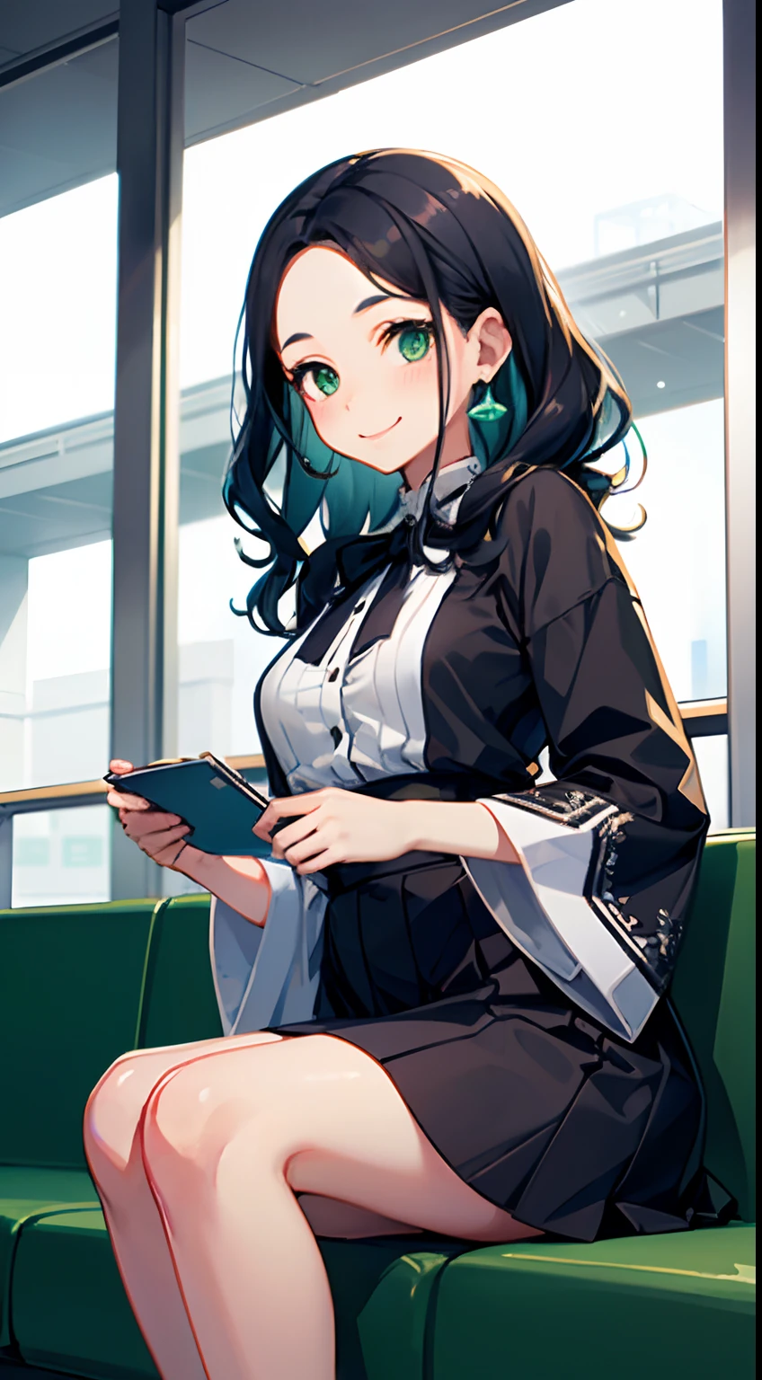 ((Best Quality)), (Ultra-detailed), ((Extremely detailed)), (Beautiful), ((Kawaii Girl)),Medium Hair,Forehead,Dark blue hair,(Wavy Hair),Green eyes,smock blouse,Mini skirt,regular breasts,Smile,Haneda airport lobby,sitting,One Woman