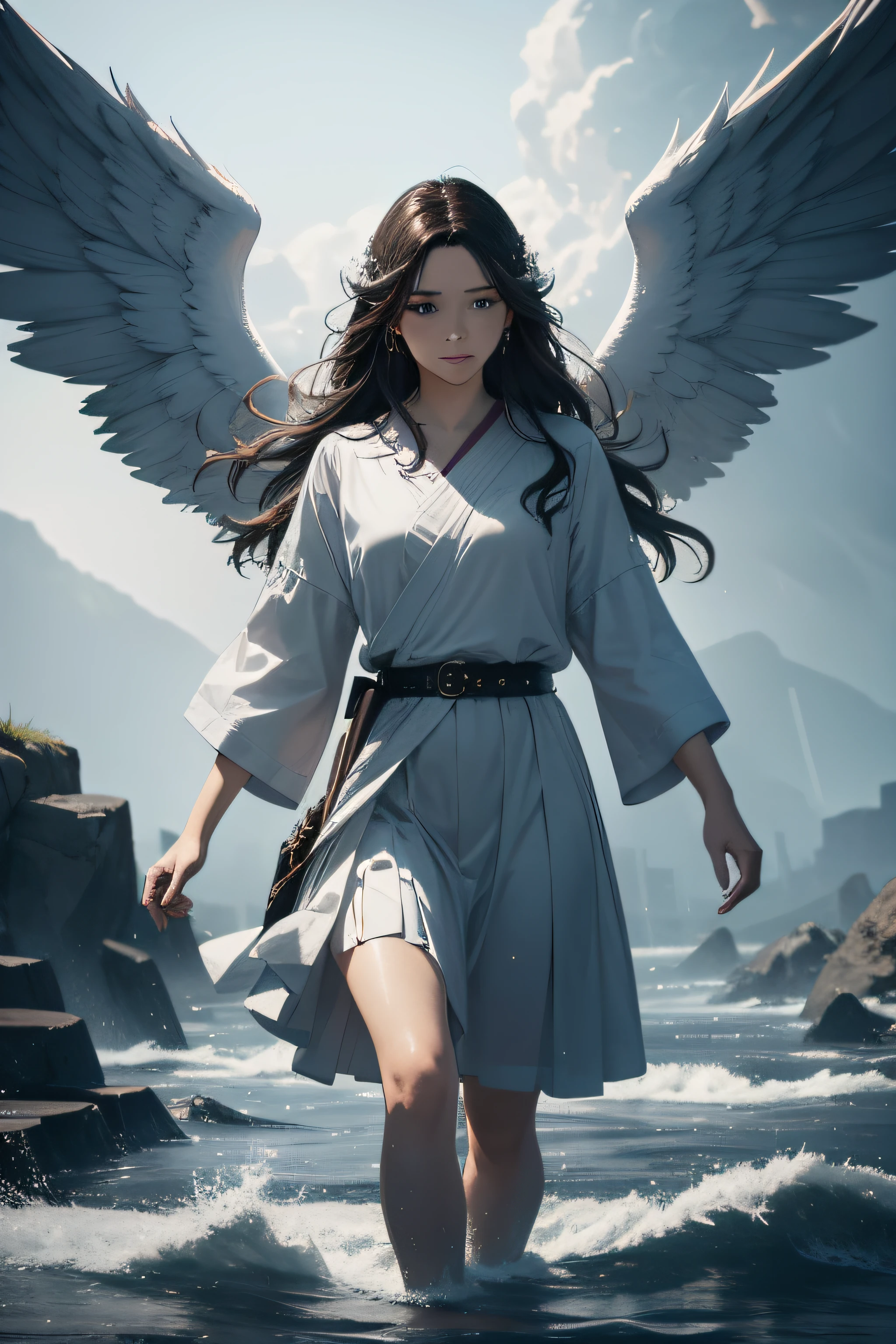 Jesus walking on a water in a storm,tmasterpiece,best qualtiy,high qulity,extremely detailed CG unit8k wallpaper,award winning photography,bokeh,depth of fields,HDR,Flood,color difference,realisticlying,The is very detailed,Popular on artstation,Popular on CGsociety,复杂,high detal,dramatics,Art on the go,Volumetriclighting,femele,angelicales,wings,cupid