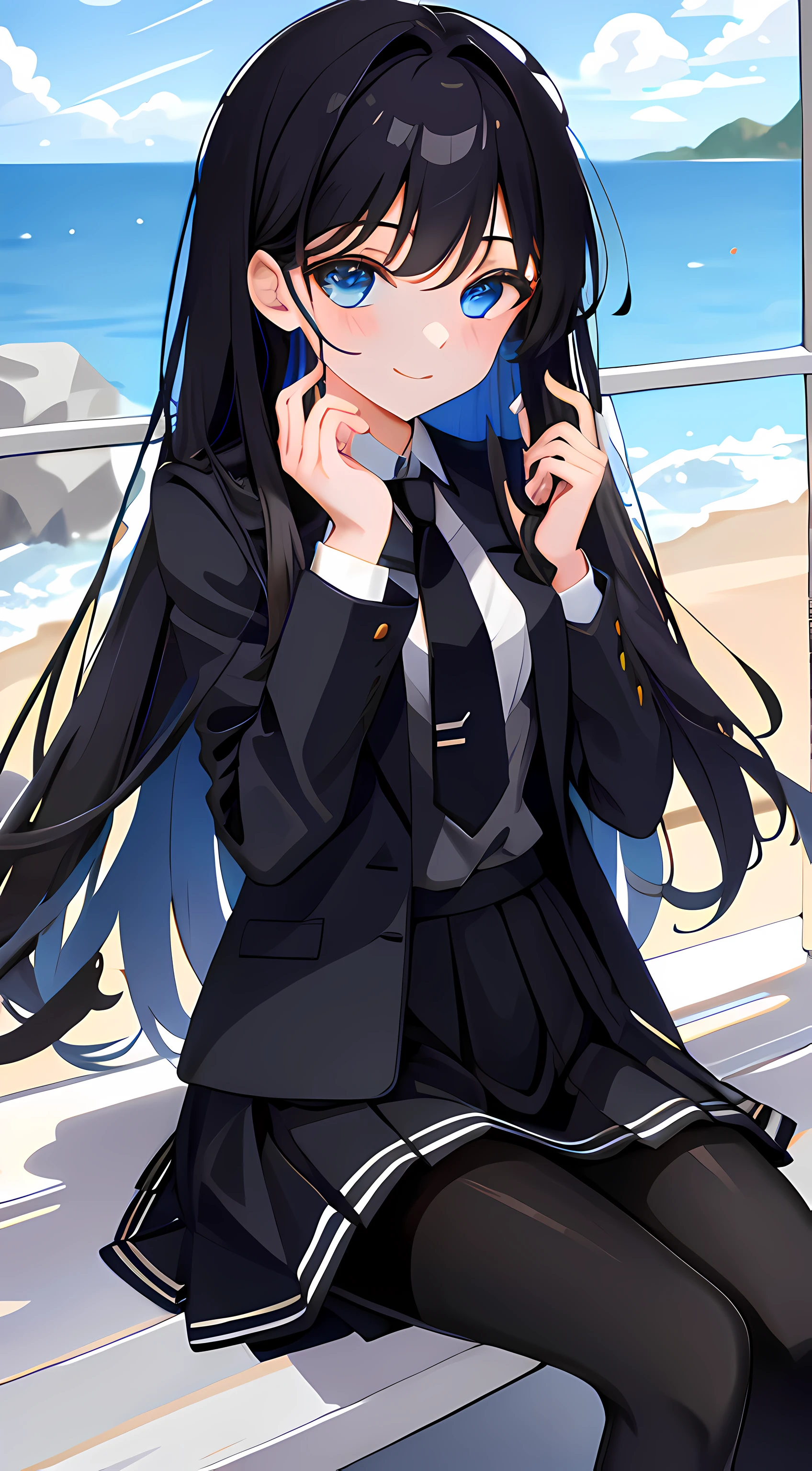 8K, best qualtiy, tmasterpiece: 1.2) , super detailing, 1 rapariga, adolable, independence, Beautiful Details Sky, Café details, natta, sitting down, dated, (Nose Red) , Sweet smiling, (ssmile: 1.15) , (Keep one's mouth shut) little breast, Small beautiful detail eyes , natta, dampness, black uniforms,Black wrinkled skirt,Wear yours with black sheer pantyhose, long whitr hair, floated hair,