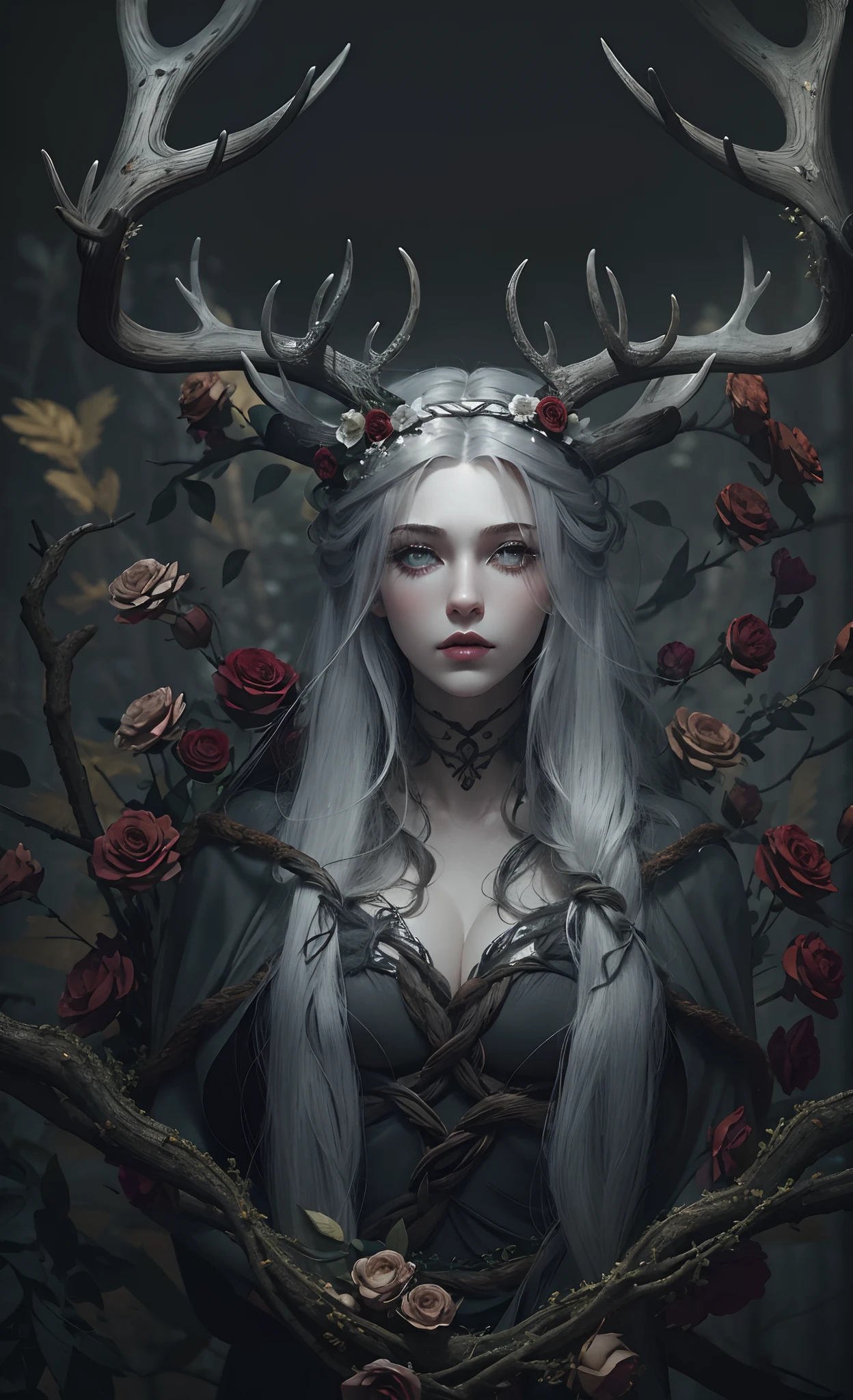 (Masterpiece: 1.2), (Gloomy color scheme), Beauty with long gray hair, Realistic eyes, beatiful face, Beautiful girl with a perfect body, Druid, with large deer antlers on the head, long straight hair, flowers entwined with branches, (The body is wrapped in black bandages), 8K high-quality detailed graphics, ((perfect anatomy)), stunning digital illustration, (Body symmetry: 1.2), Upper torso. Gray gloomy background, Dark Forest. Gloomy and hopeless, Dark dramatic lighting, vignette, Depth of field.