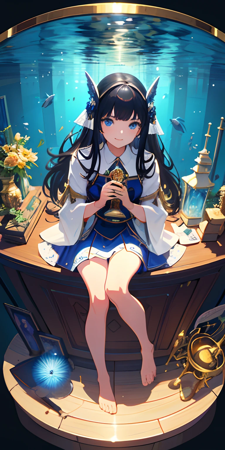 [(Transparent background:1.5)::5],(((Masterpiece))),(((Best quality))),(((Extremely detailed))),illustration, 3girl,Solo,mysterious,vivd colour,Shiny, Underwater transparent sealed hemispherical glass dome, (Black hair),(Blue eyes), full bodyesbian,Barefoot,Long hair is calm and natural, Koi,Underwater, Close up,Dynamic actions,Lens perspective,(((Box composition))),sitting cross-legged，Leaning against the bookshelf, voluminetric lighting,, Detailed eyes, ultra - detailed,Light smile, Highly detailed, Beautiful, small detailed, Ultra detailed, Best quality, Intricate, 4K, 8K, trending on artstationh, Good anatomy, Beautiful lighting, Award-winning,