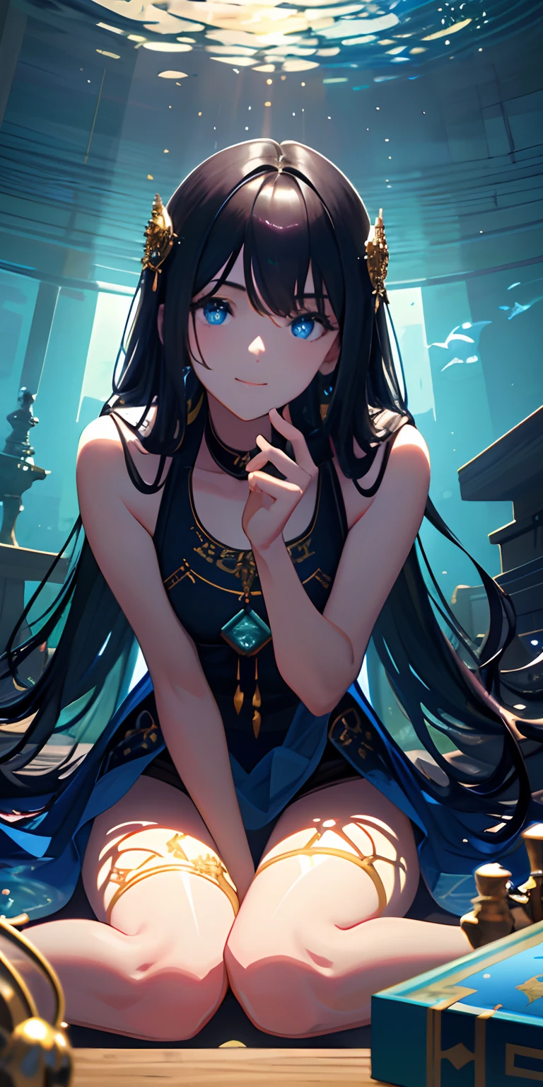 [(Transparent background:1.5)::5],(((Masterpiece))),(((Best quality))),(((Extremely detailed))),illustration, 3girl,Solo,mysterious,vivd colour,Shiny, Underwater transparent sealed hemispherical glass dome, (Black hair),(Blue eyes), full bodyesbian,Barefoot,Long hair is calm and natural, Koi,Underwater, Close up,Dynamic actions,Lens perspective,(((Box composition))),sitting cross-legged，Leaning against the bookshelf, voluminetric lighting,, Detailed eyes, ultra - detailed,Light smile, Highly detailed, Beautiful, small detailed, Ultra detailed, Best quality, Intricate, 4K, 8K, trending on artstationh, Good anatomy, Beautiful lighting, Award-winning,