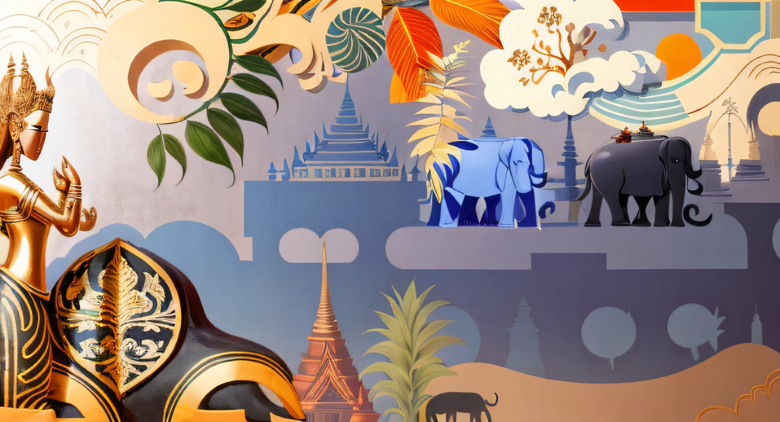 Thai elements surrealism,Flat style,chocolate bar,cacao,elephants,buliding,statues,Tropical plants,high detal,16k,Beautiful lines