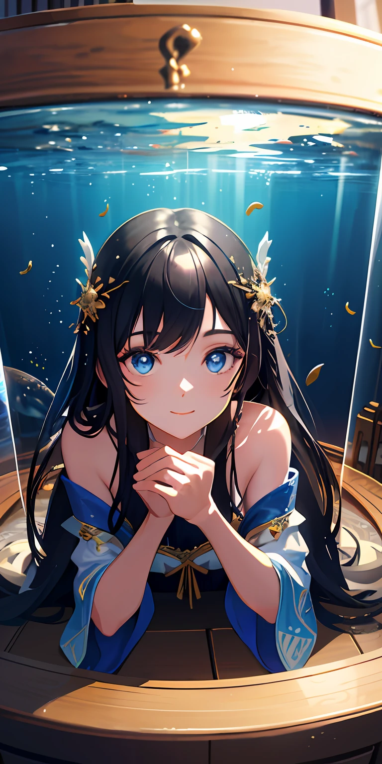 [(Transparent background:1.5)::5],(((Masterpiece))),(((Best quality))),(((Extremely detailed))),illustration, 3girl,Solo,mysterious,vivd colour,Shiny, Underwater transparent sealed hemispherical glass dome, (Black hair),(Blue eyes), full bodyesbian,Barefoot,Long hair is calm and natural, Koi,Underwater, Close up,Dynamic actions,Lens perspective,(((Box composition))),sitting cross-legged，Leaning against the bookshelf, voluminetric lighting,, Detailed eyes, ultra - detailed,Light smile, Highly detailed, Beautiful, small detailed, Ultra detailed, Best quality, Intricate, 4K, 8K, trending on artstationh, Good anatomy, Beautiful lighting, Award-winning,