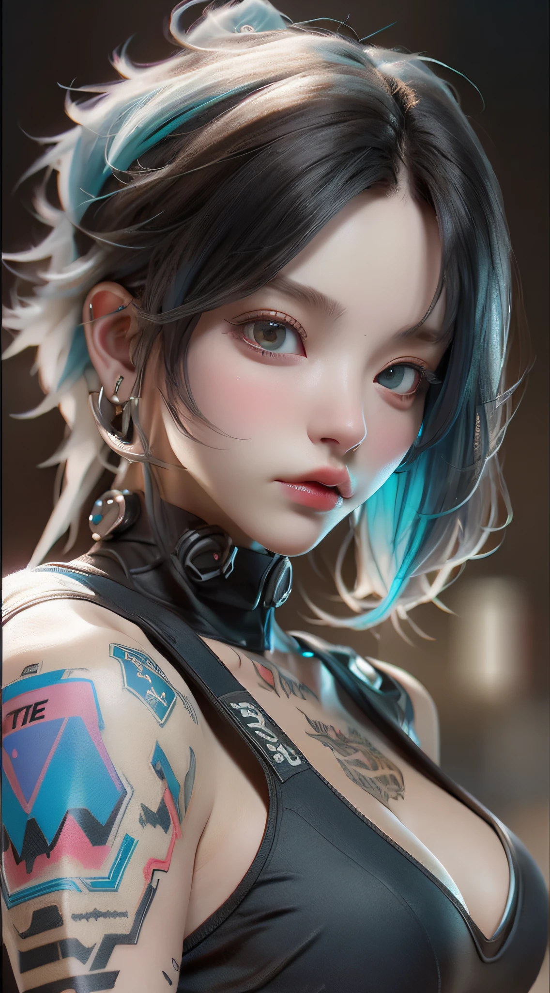 ((best qualtiy)), ((tmasterpiece)), (the detail:1.4), 3D, A beautiful cyberpunk female image,HDR（HighDynamicRange）,blue hairs，TATTOO，Ray traching,NVIDIA RTX,Super-Resolution,Unreal 5,Subsurface scattering、PBR Texture、post-proces、Anisotropy Filtering、depth of fields、maximum definition and sharpness、Many-Layer Textures、Albedo e mapas Speculares、Surface Coloring、Accurate simulation of light-material interactions、perfectly proportions、Octane Render、Two-colored light、largeaperture、Low ISO、White balance、the rule of thirds、8K RAW、
