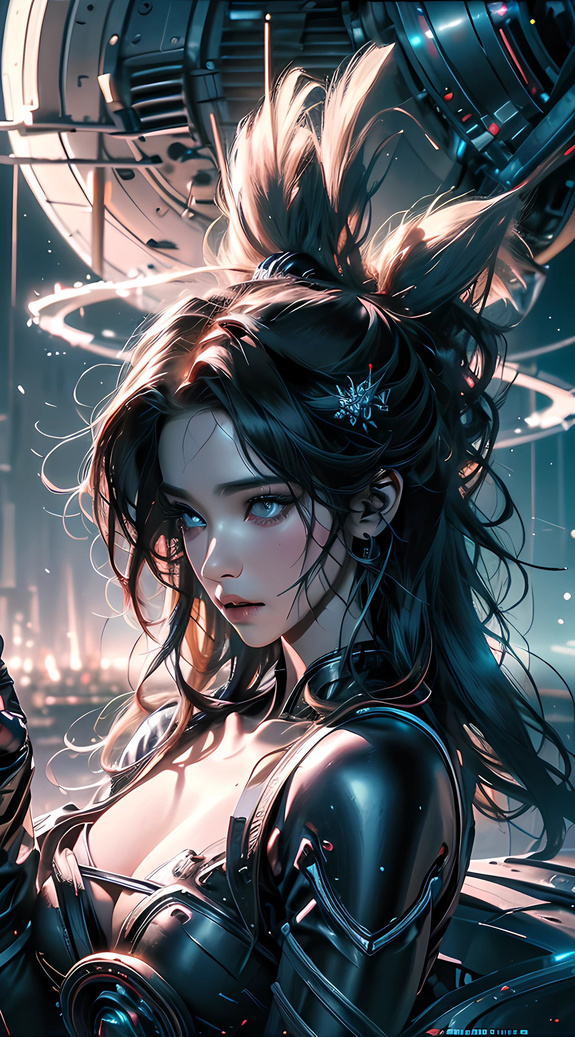 ((Best quality)), ((masterpiece)), (detailed:1.4), 3D, an image of a beautiful cyberpunk female with thick voluminous hair,light particles, pure energy chaos antitech,HDR (High Dynamic Range),Ray Tracing,NVIDIA RTX,Super-Resolution,Unreal 5,Subsurface scattering,PBR Texturing,Post-processing,Anisotropic Filtering,Depth-of-field,Maximum clarity and sharpness,Multi-layered textures,Albedo and Specular maps,Surface shading,Accurate simulation of light-material interaction,Perfect proportions,Octane Render,Two-tone lighting,Wide aperture,Low ISO,White balance,Rule of thirds,8K RAW