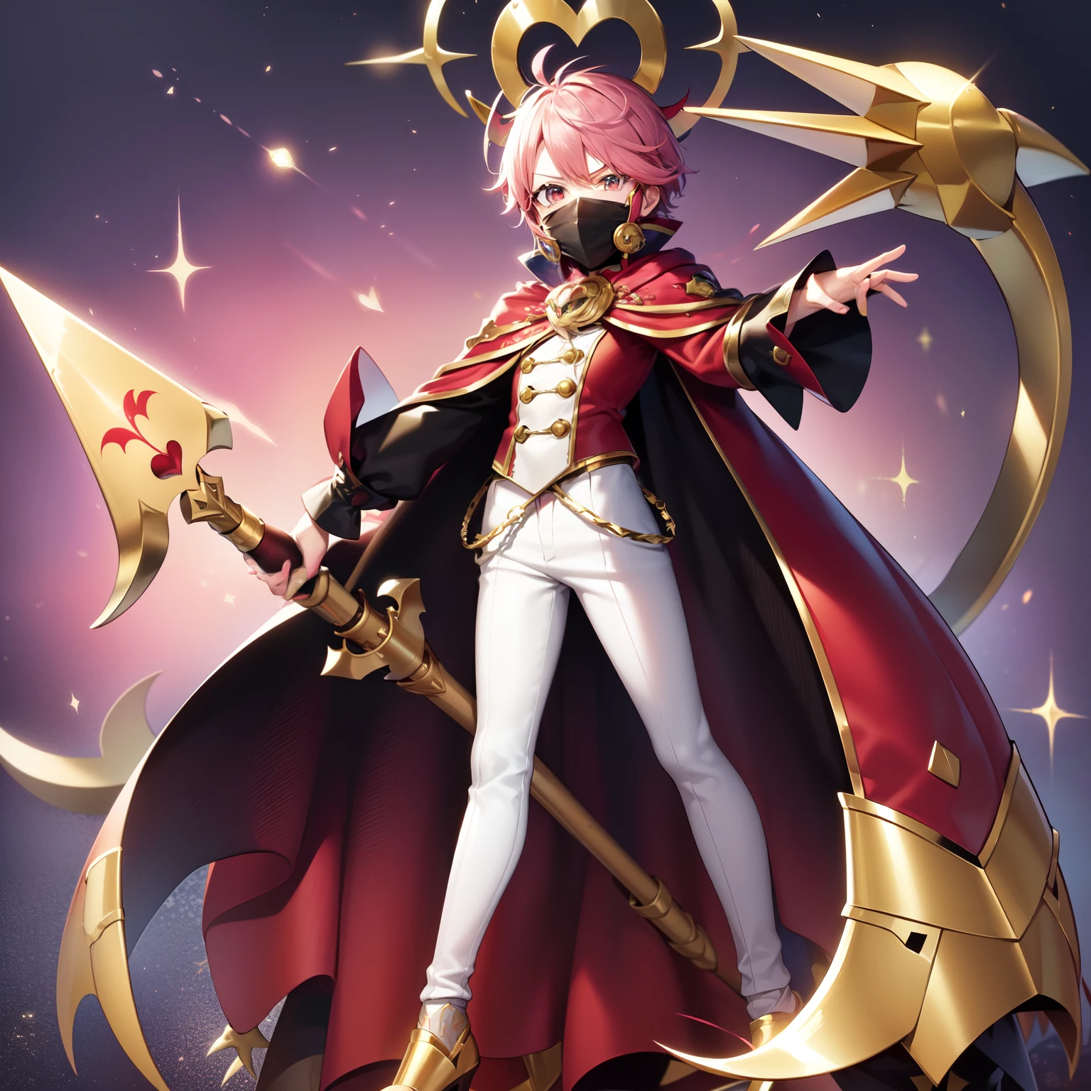 (masterpiece, best quality:1.2), solo, male focus, ((1boy)), ((riddle rosehearts as a Digimon 1.0)), angry, ,Crazed look, looking at viewer,(( holding an Ax)), mini crown, white shirt, cape, Pants ((white , black ,red and gold color scheme:1.4)),(( pink skin)),((queen of hearts themed 1.1)), ((Plant monster)), fairy ,digimon \(creature\),(( Lilimon inspired:1.5 )),(( mouth covered by mask)),((heart Details))