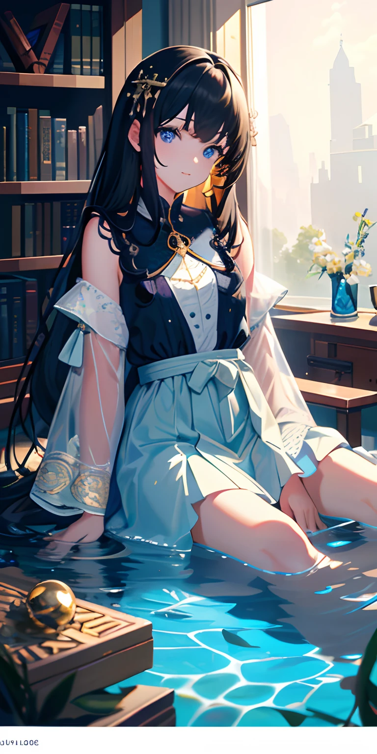 [(Transparent background:1.5)::5],(((Masterpiece))),(((Best quality))),(((Extremely detailed))),illustration, 4girl,Solo,mysterious,vivd colour,Shiny, Underwater transparent sealed hemispherical glass dome, (Black hair),(Blue eyes), full bodyesbian,Barefoot,Long hair is calm and natural, Koi,Underwater, Close up,Dynamic actions,Lens perspective,(((Box composition))),sitting cross-legged，Leaning against the bookshelf, voluminetric lighting,  Detailed eyes, ultra - detailed,Light smile, Highly detailed, Beautiful, small detailed, Ultra detailed, Best quality, Intricate, 4K, 8K, trending on artstationh, Good anatomy, Beautiful lighting, Award-winning,