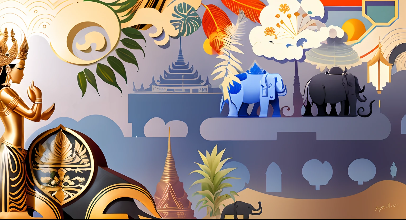 Thai elements surrealism,Flat style,chocolate bar,cacao,elephants,buliding,statues,Tropical plants，