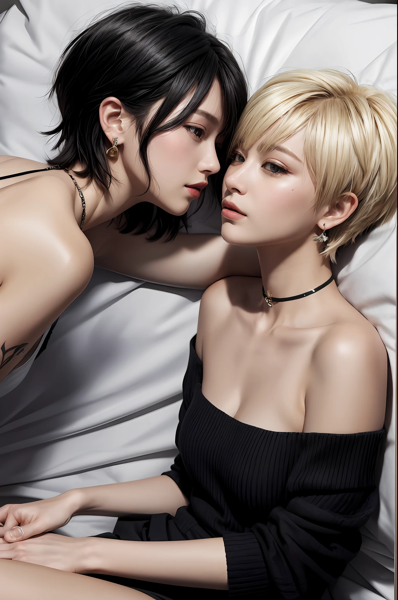 absurdres, best quality, 2girls, eye contact,  from above, on side, on bed, yuri
BREAK
very short hair, blonde hair, earrings, tattoo, choker, pixie cut, tomboy, blush, (panicking:0.25), (embarrased:0.25), (lovestruck:0.1) messy hair, black theme
BREAK
long hair, black hair, serafuku, (lovestruck:0.25), (smile:0.69)