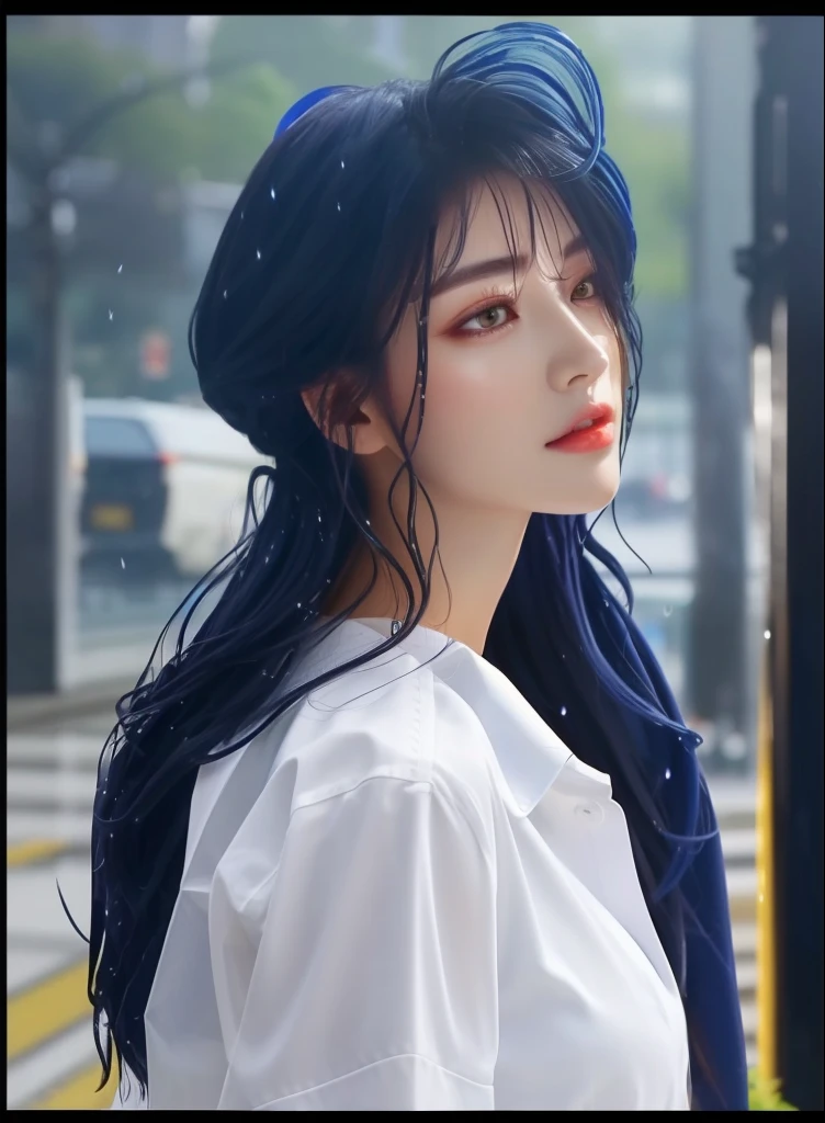 ((Best Quality, 8K, Masterpiece: 1.3)), Sharp: 1.2, Perfect Body Beauty: 1.4, Slim Abs: 1.2, ((Layered Hairstyle, Big Breasts: 1.2)), (Wet White Button Long Shirt: 1.1), (Rain, Street: 1.2), Wet: 1.5, Highly detailed face and skin texture, detailed eyes, double eyelids, side face looking at the camera