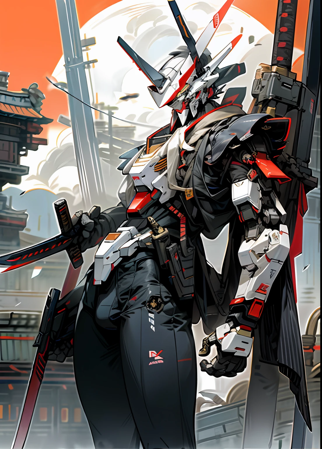 Huge robots like a city，The robot accent color is red，immensity，holding_weapon,samurai sword，城市，tall house，modern day，no_human，​​clouds，themoon，mecha,gundam，bulging crotch