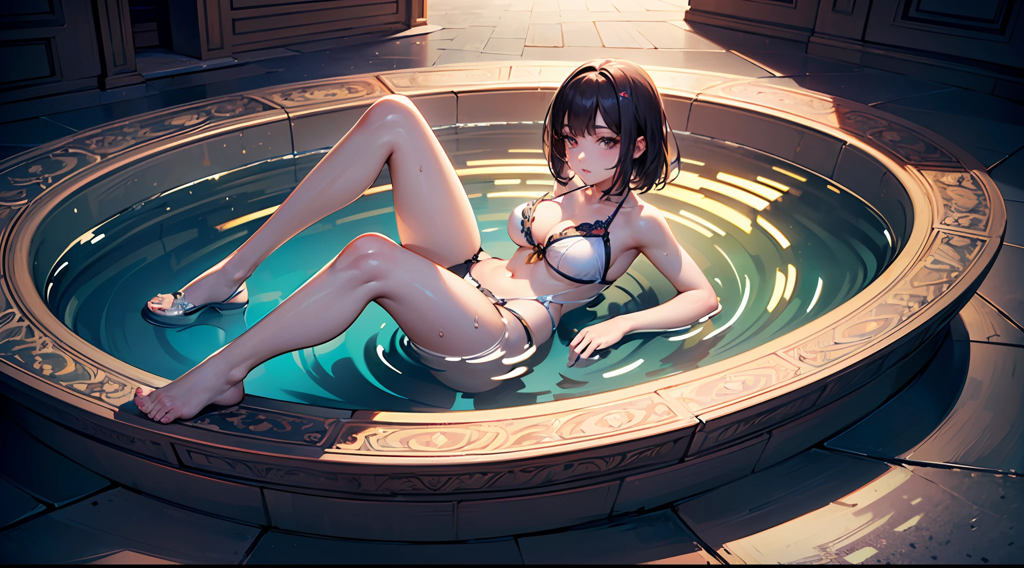 (Masterpiece, top quality, super detailed CG, ultra detailed beautiful face and eyes,super detailed, intricate details:1.2), 8k wallpapers, elaborate features, (1 person, solo:1.4)perfect cartoon illustration, (1 person, solo:1.4), 1 girl, night pool, swimwear, (full body illustration:1.5)