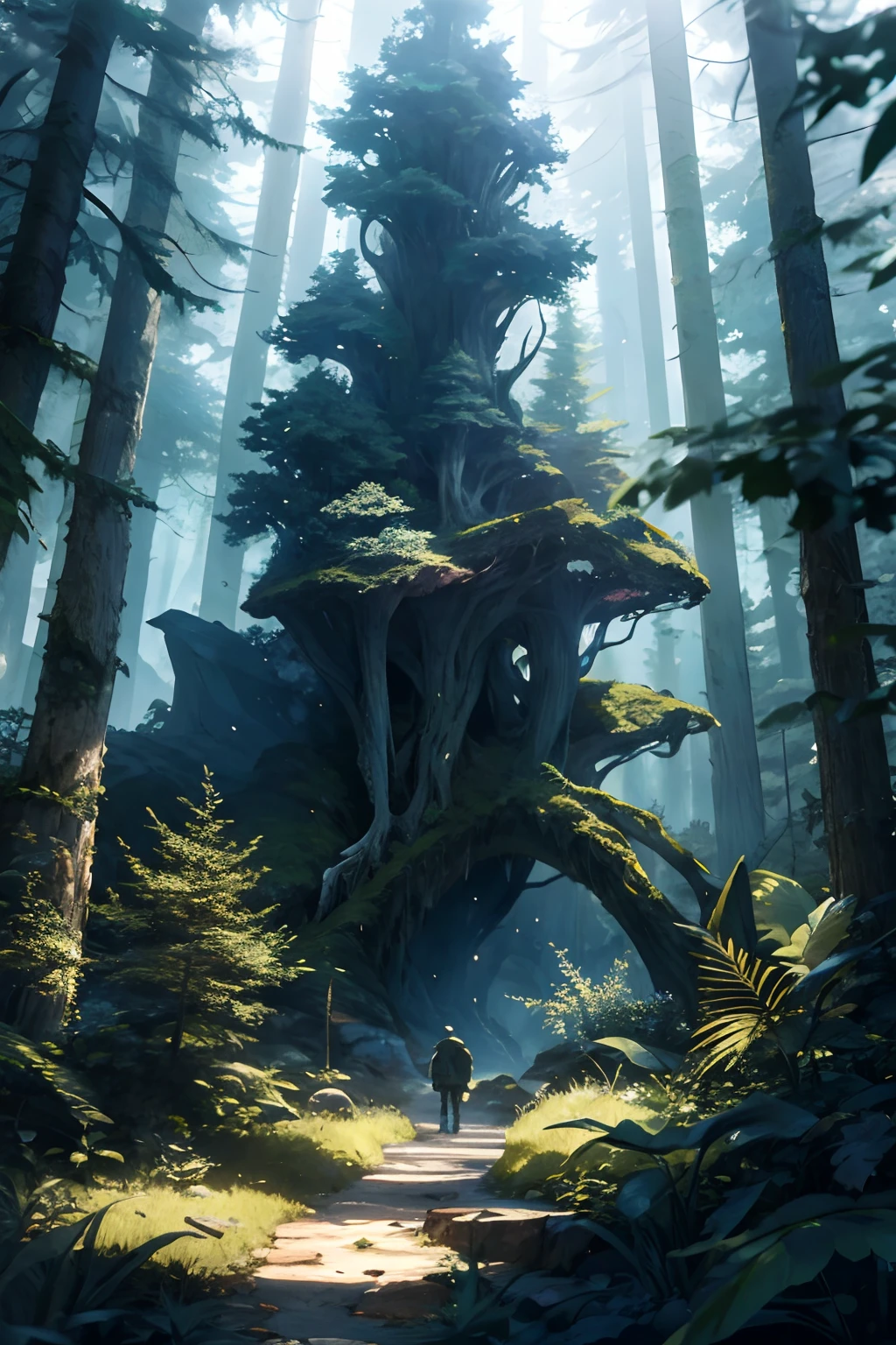 explorer in deep elder growth forest intricately detailed natural volumetric lighting fantasy atmosphere