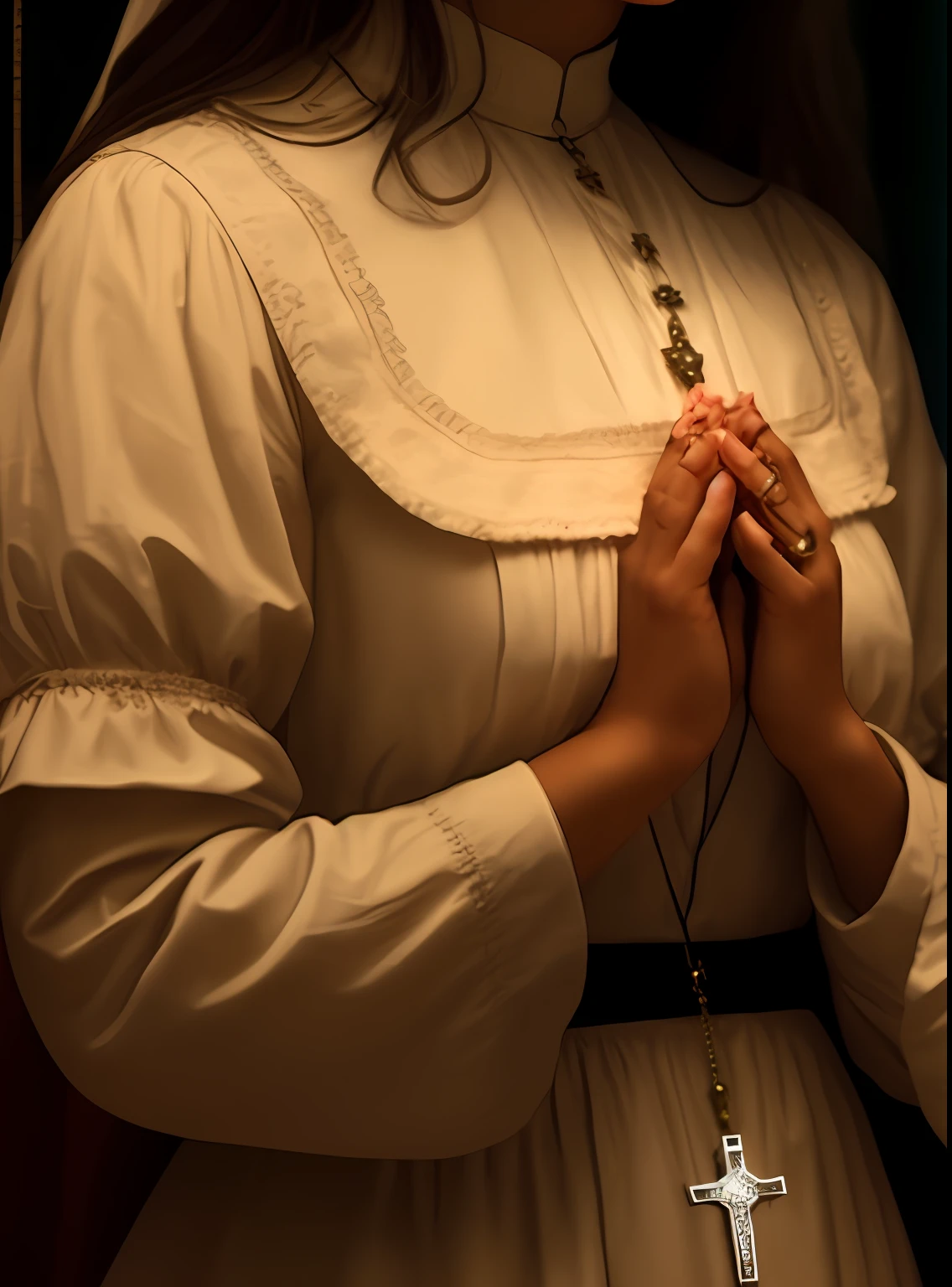 Em 1900, uma mulher em um vestido branco com uma cruz em seu peito, prayer hands, praying, religioso, Catholic, hands of blessing, Prayer, vestes religiosas, praying posture, doing a prayer, kneeling in prayer, Rezar, usando cruz no manto, Holy, religión, Virgem Maria, um peregrino, idade, usando roupas vitorianas, Closed hands, meia imagem, foto realista detalhada, perfect hands